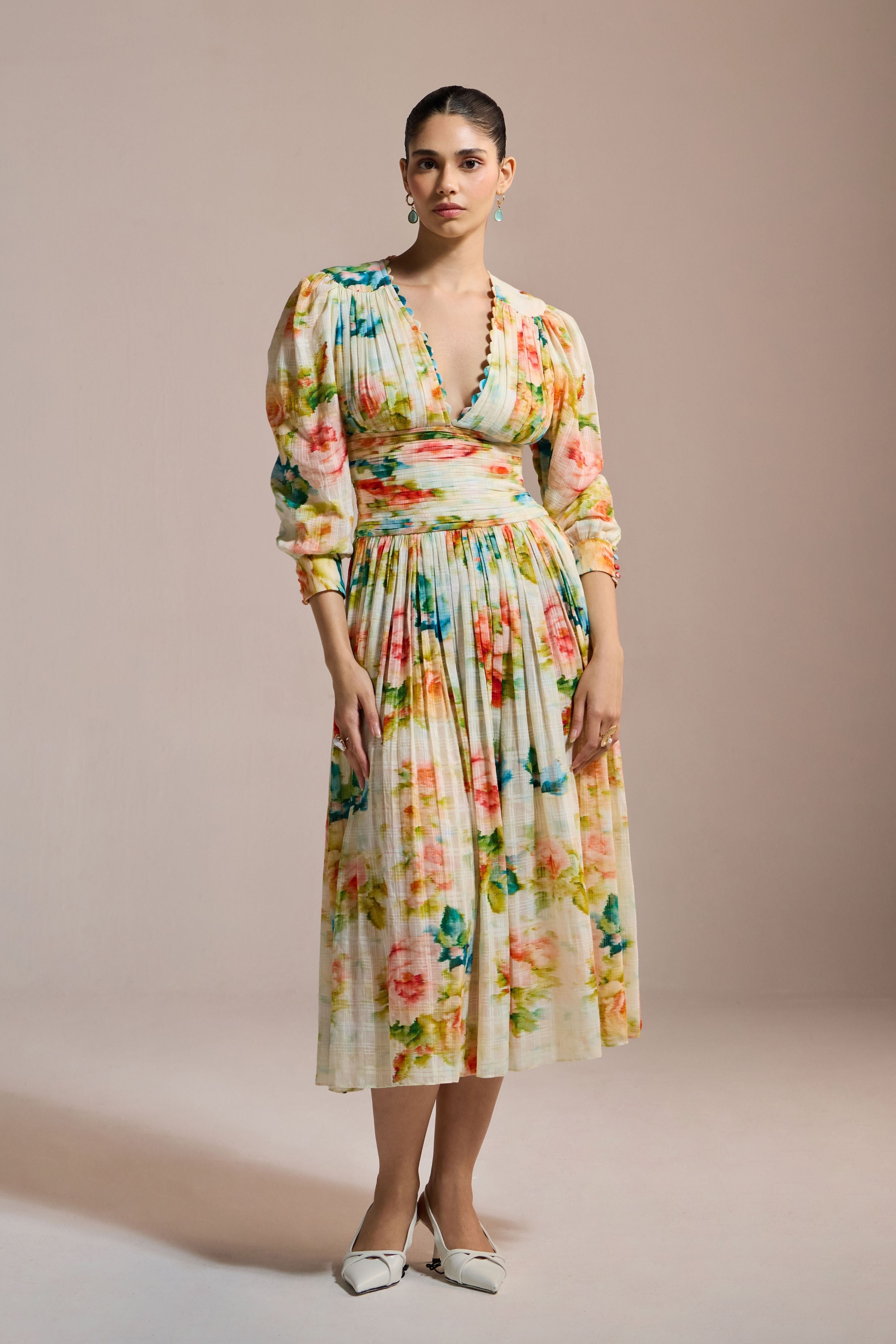 Garden Bloom Pleated Midi Dress