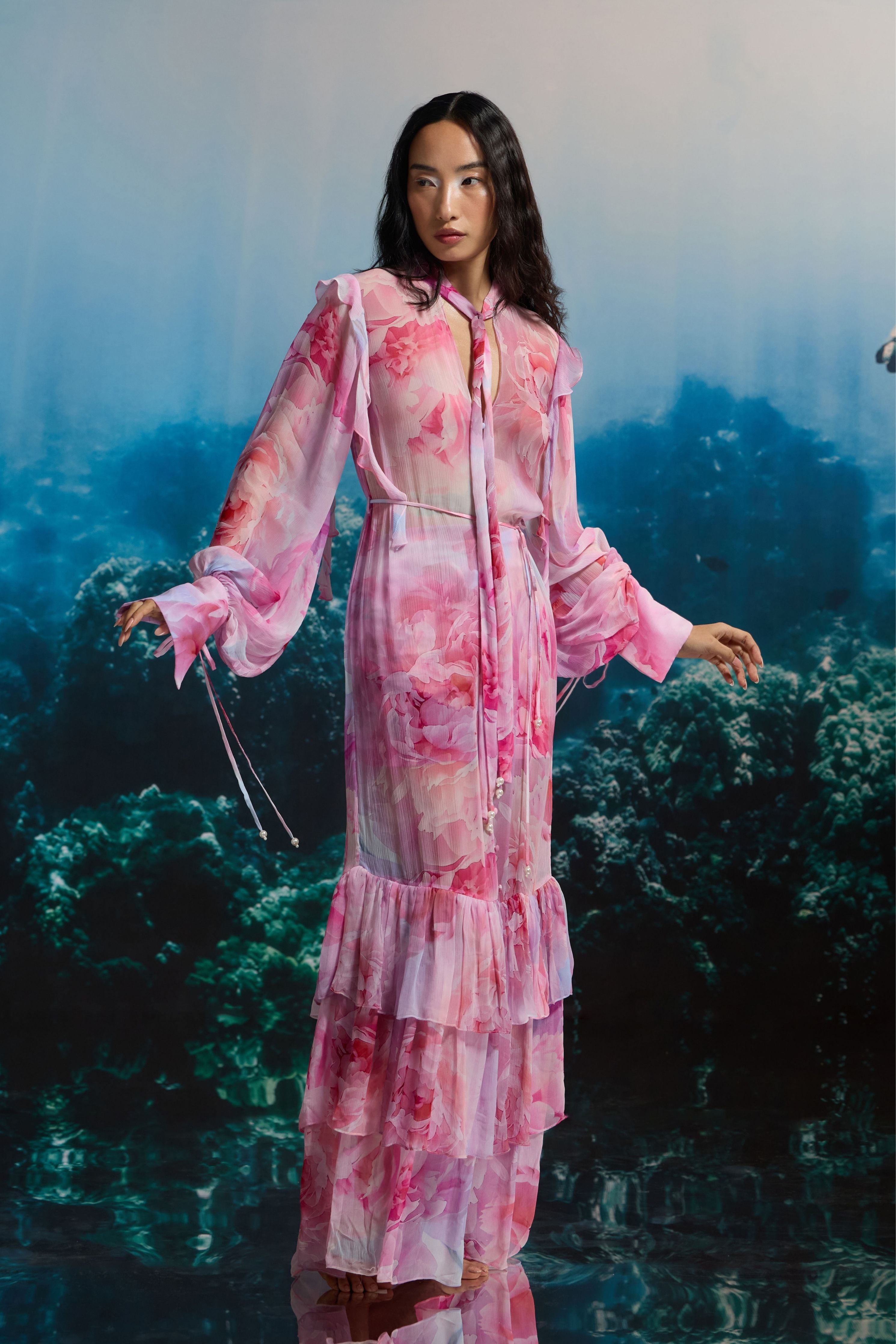 Sheer Pink Coral Ruffle Dress