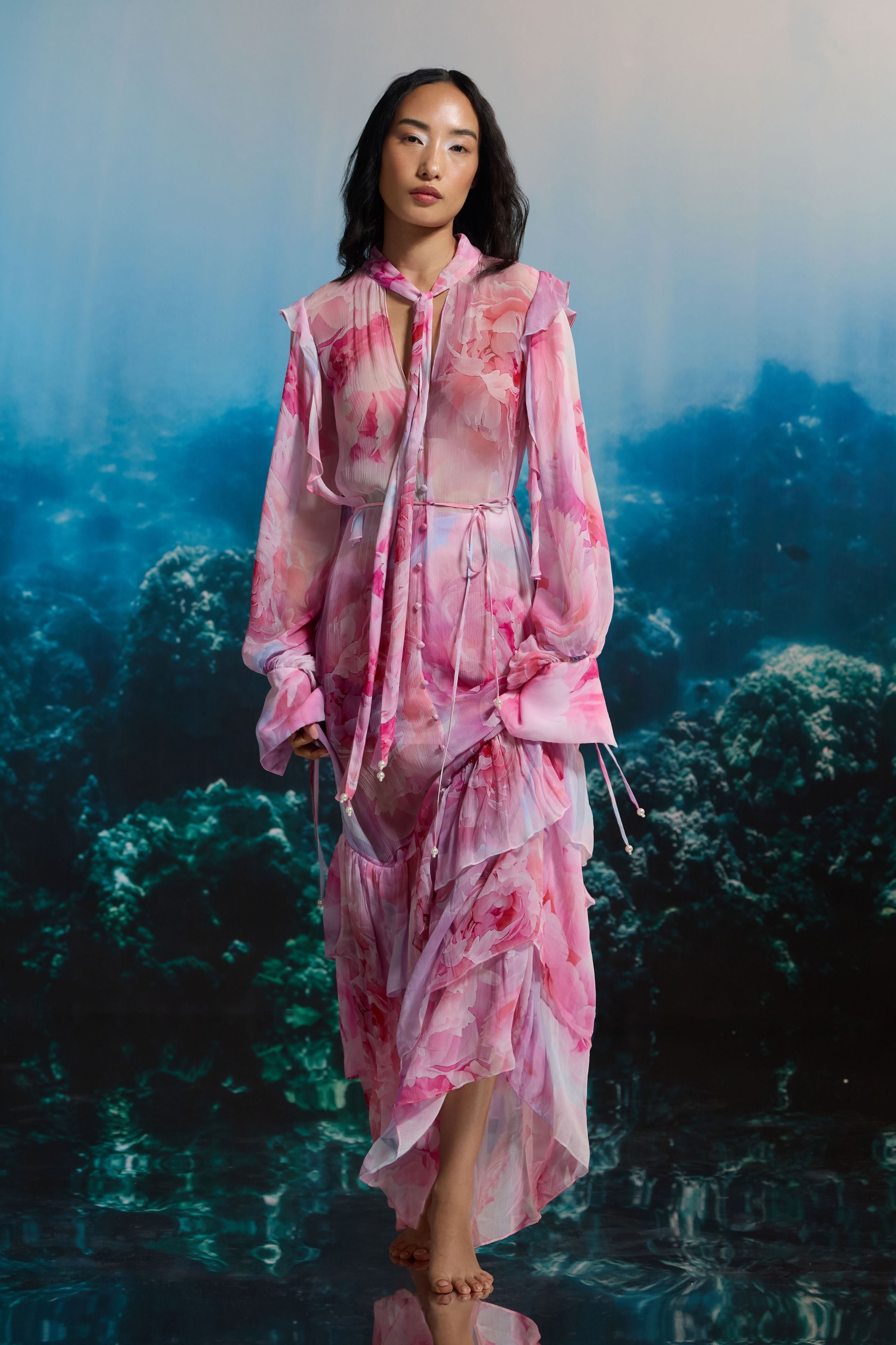Sheer Pink Coral Ruffle Dress