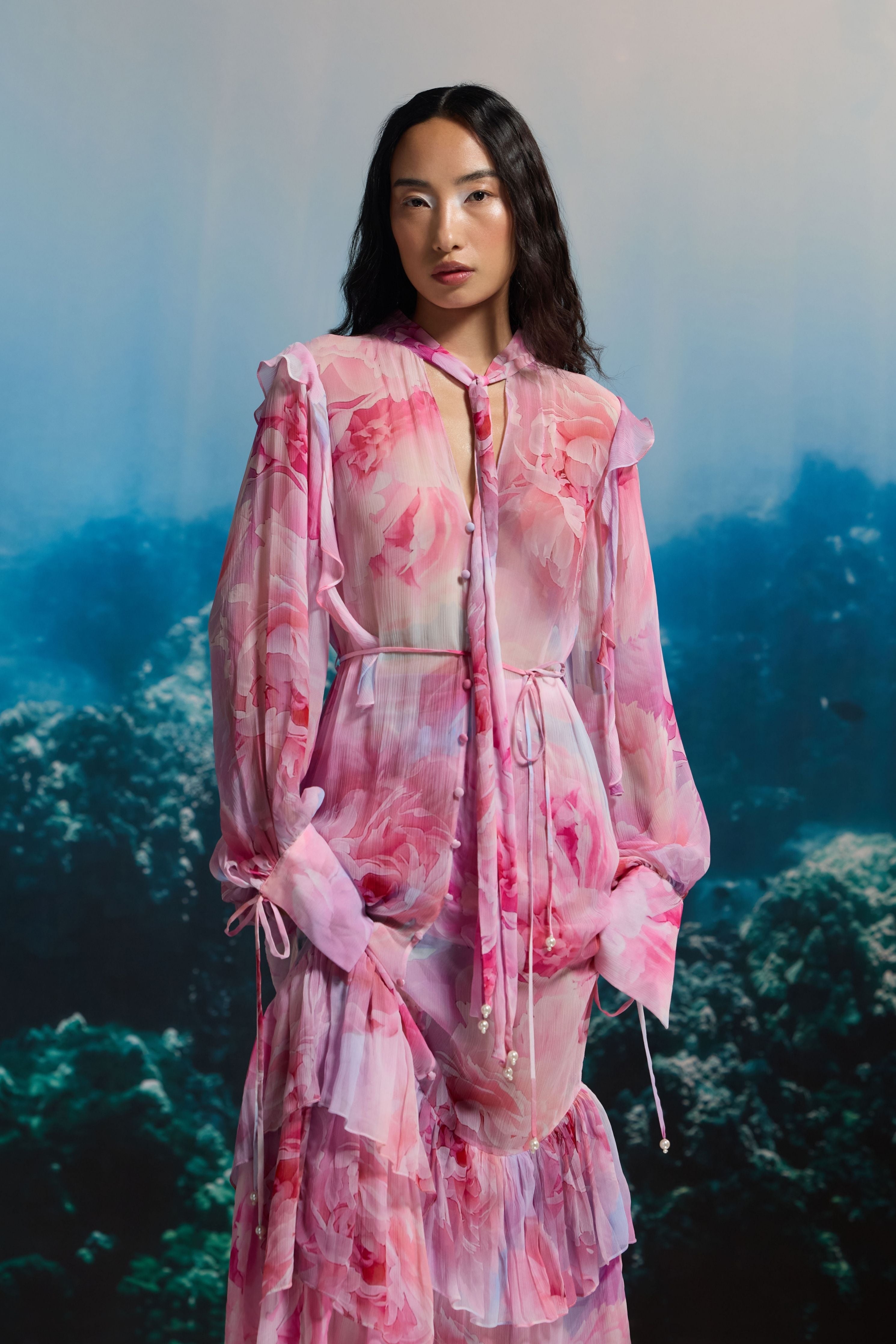 Sheer Pink Coral Ruffle Dress