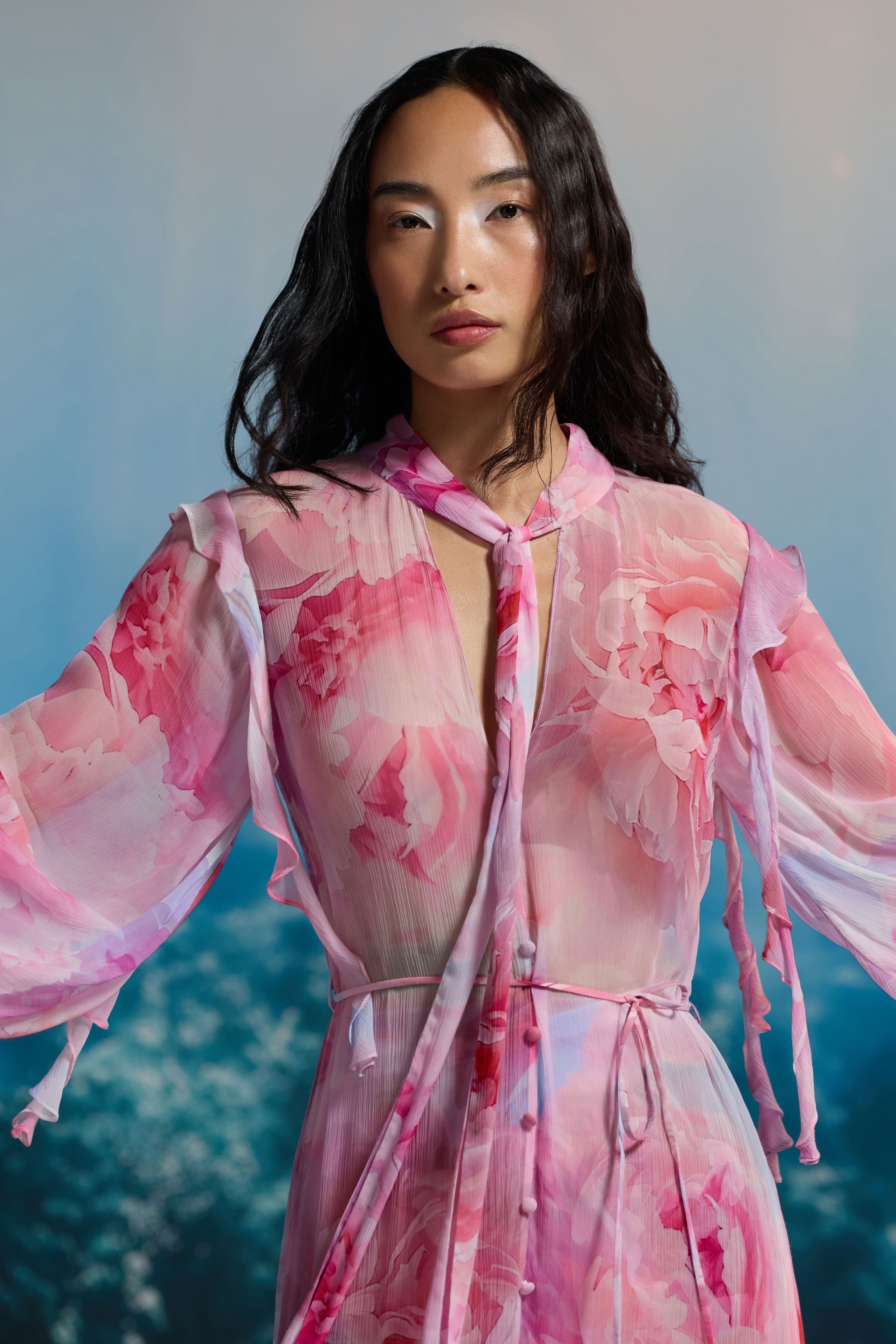Sheer Pink Coral Ruffle Dress