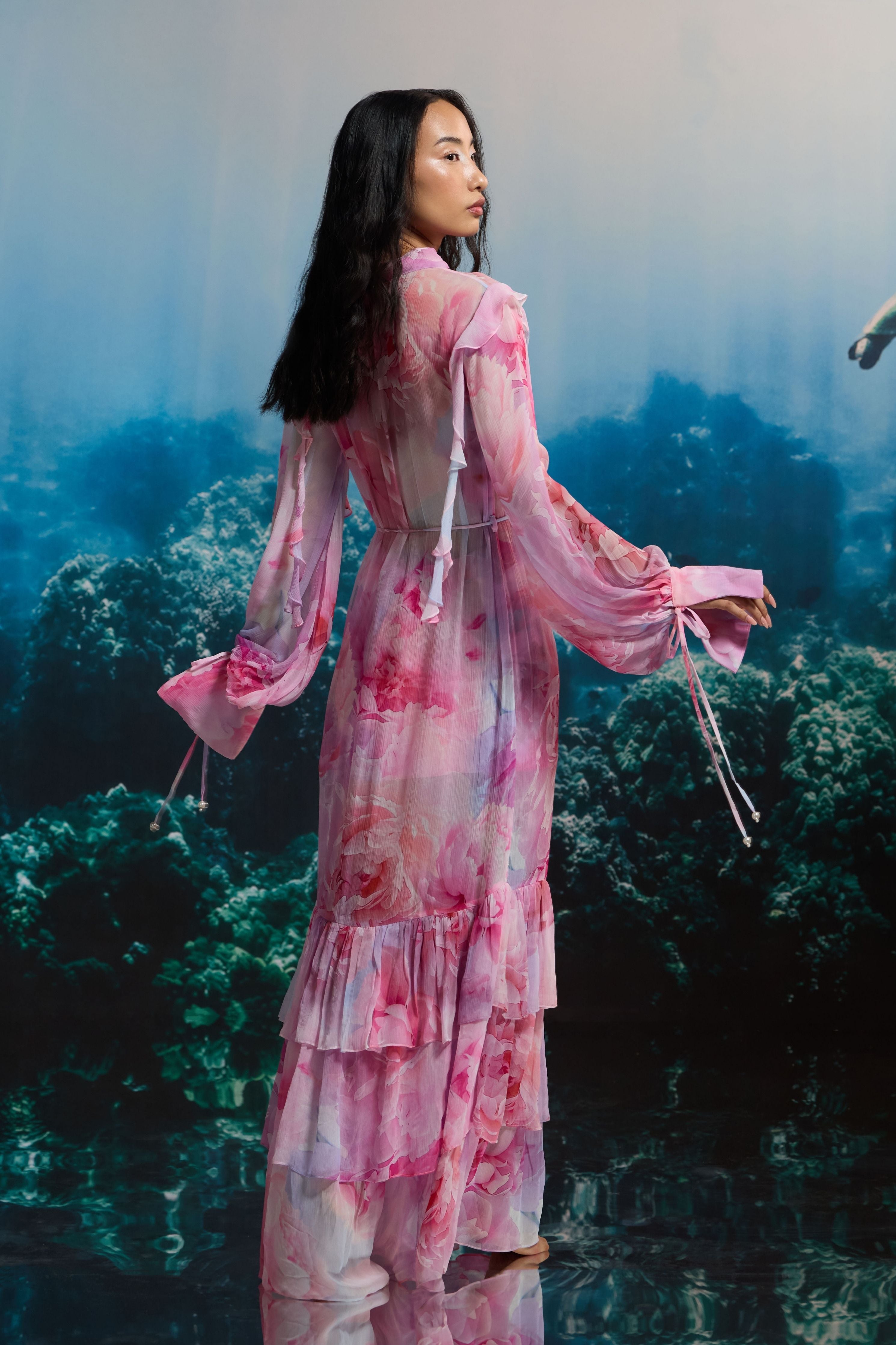 Sheer Pink Coral Ruffle Dress
