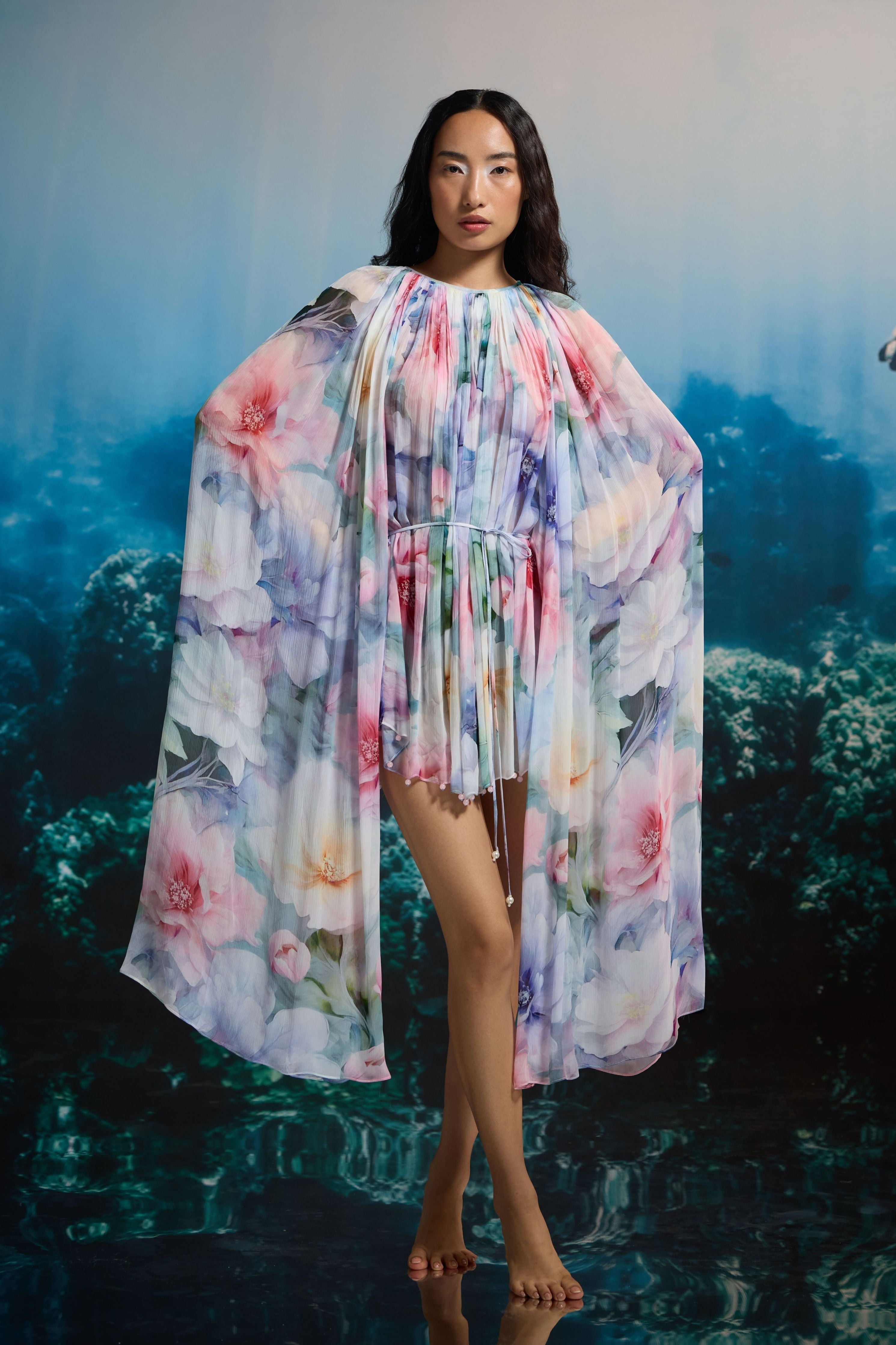 Iridescent Bloom Cape Dress