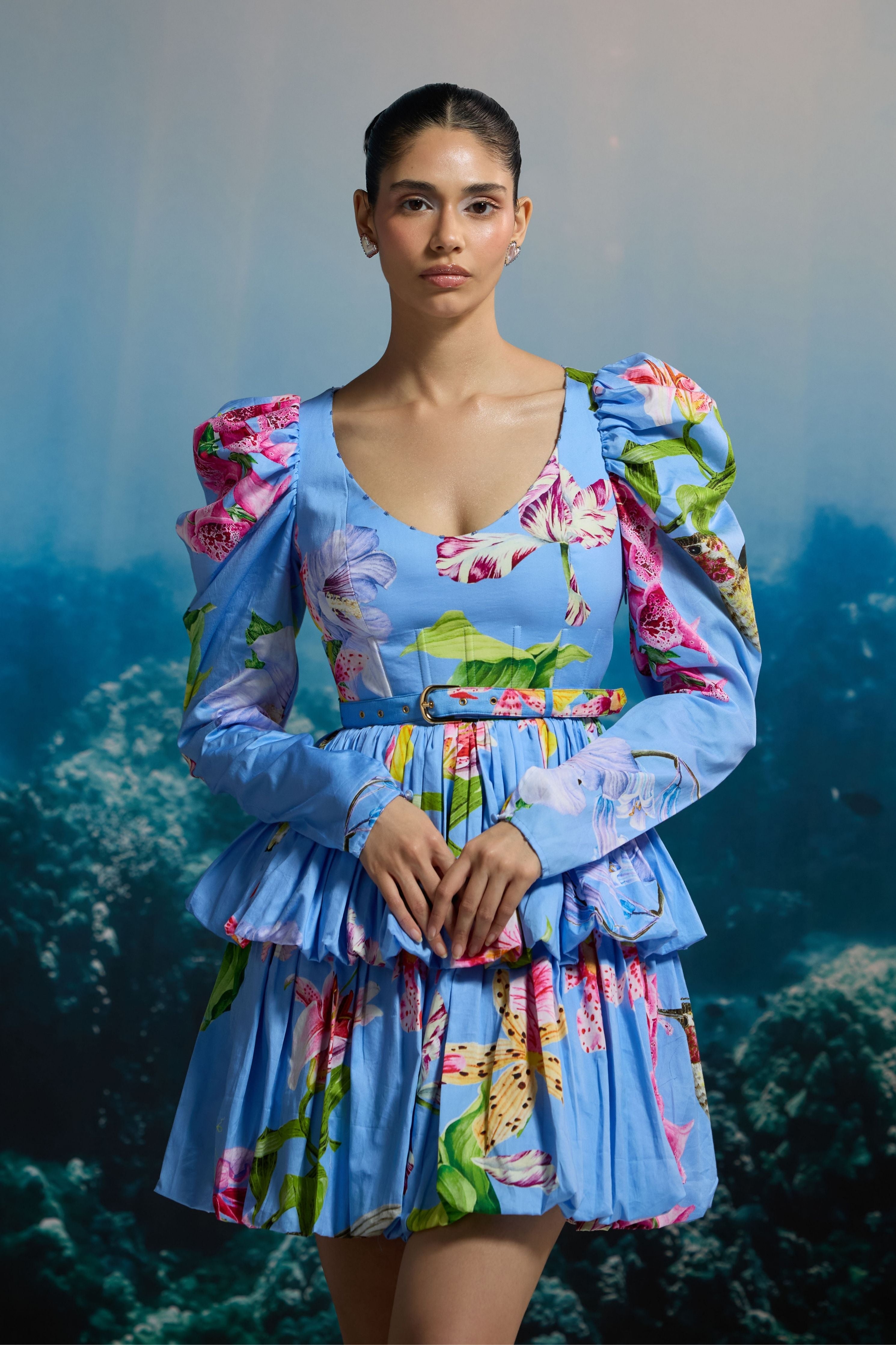 Puff Sleeve Tiered Mini Dress In Blue Orchid Print