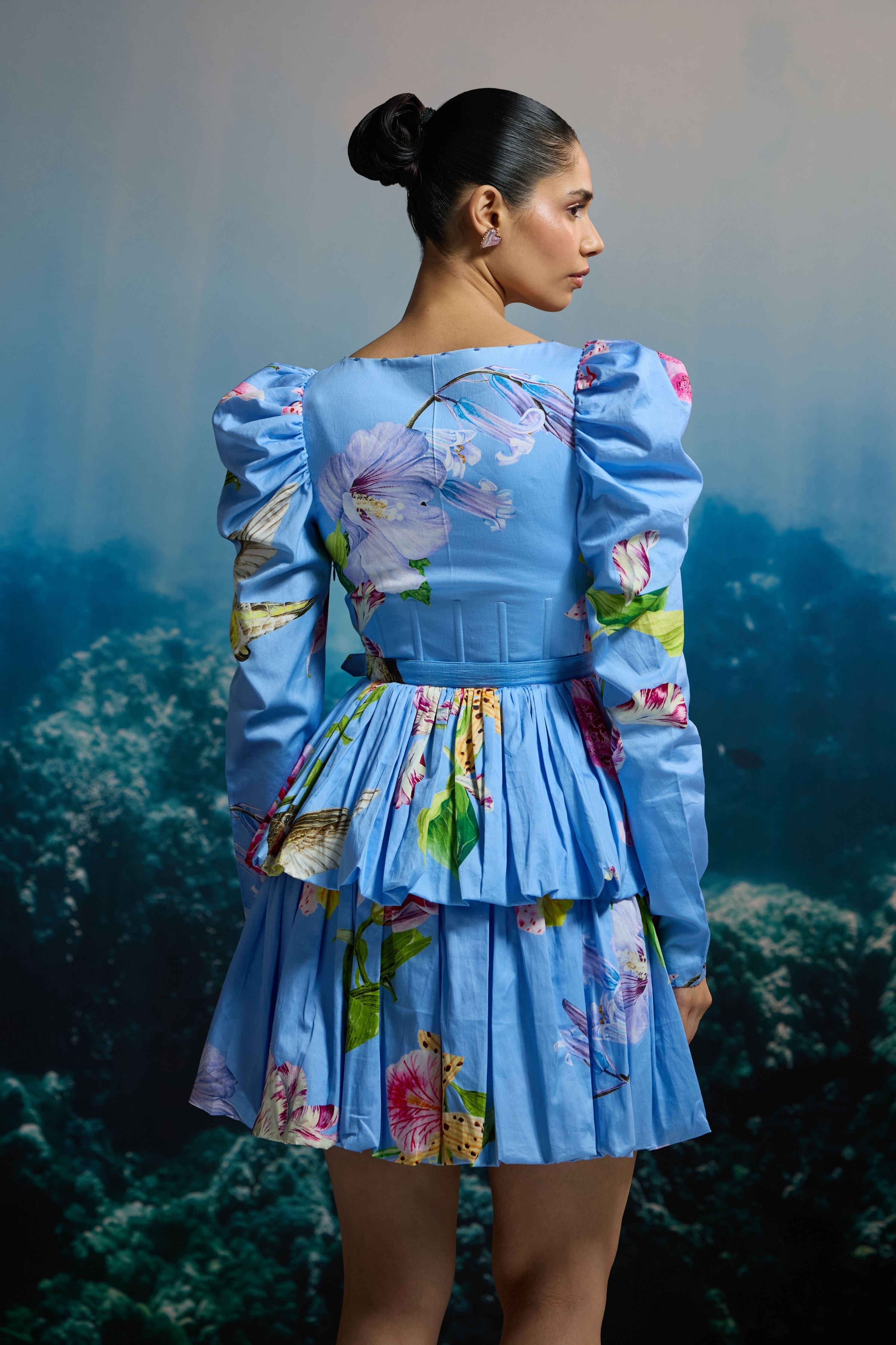 Puff Sleeve Tiered Mini Dress In Blue Orchid Print