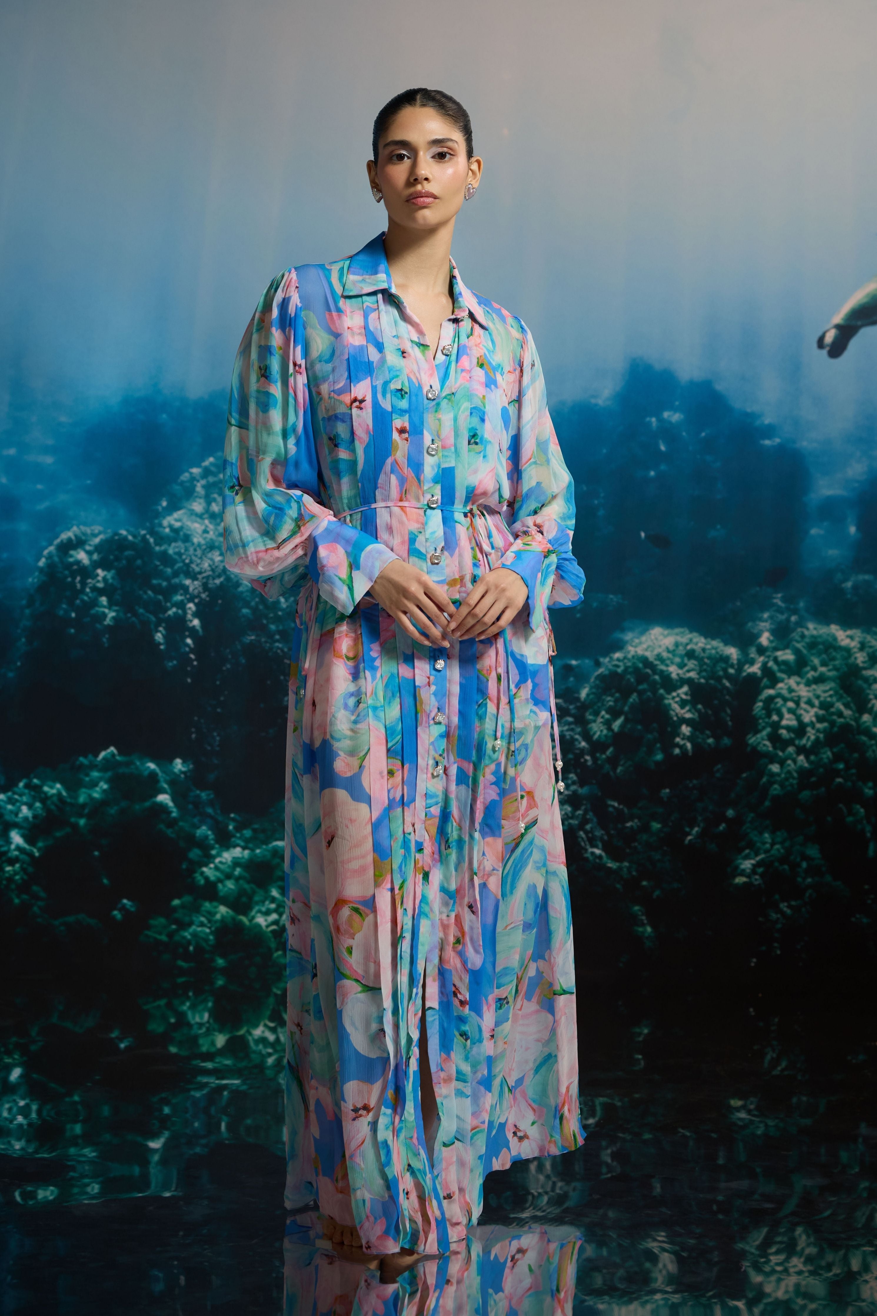 Ocean Bloom Maxi Shirt Dress