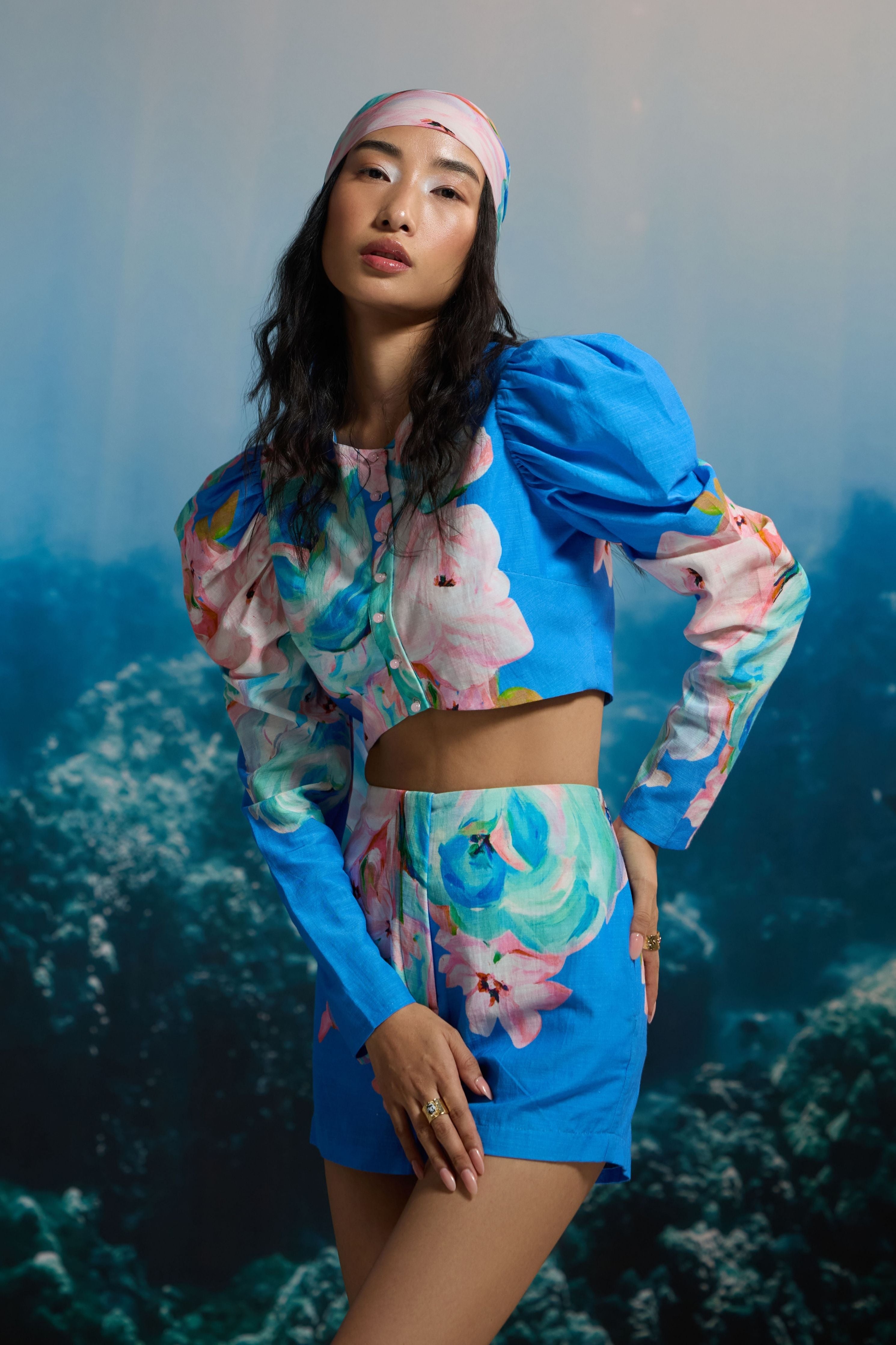 Ocean Bloom High-Waist Shorts