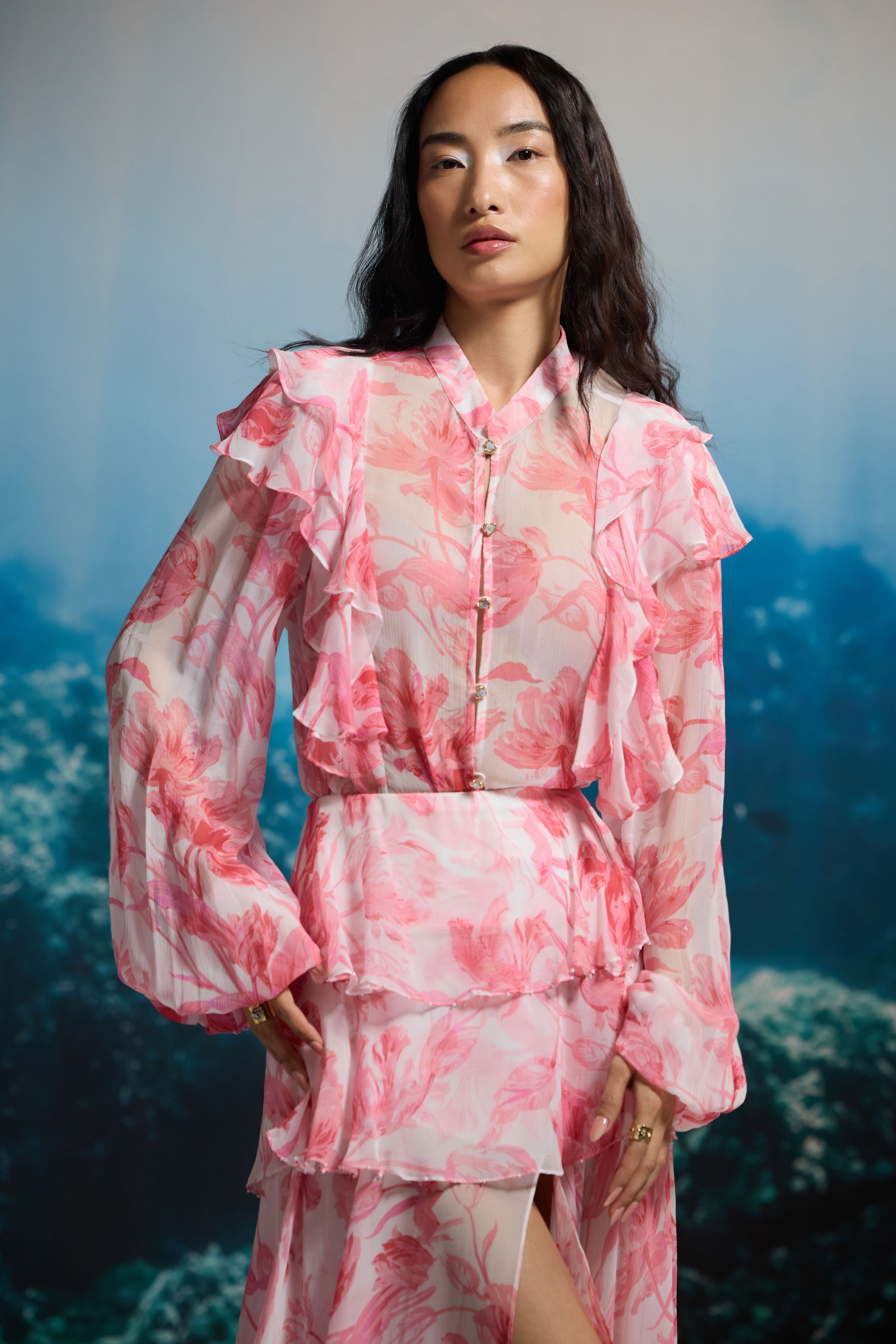Coral Petal Ruffle Blouse
