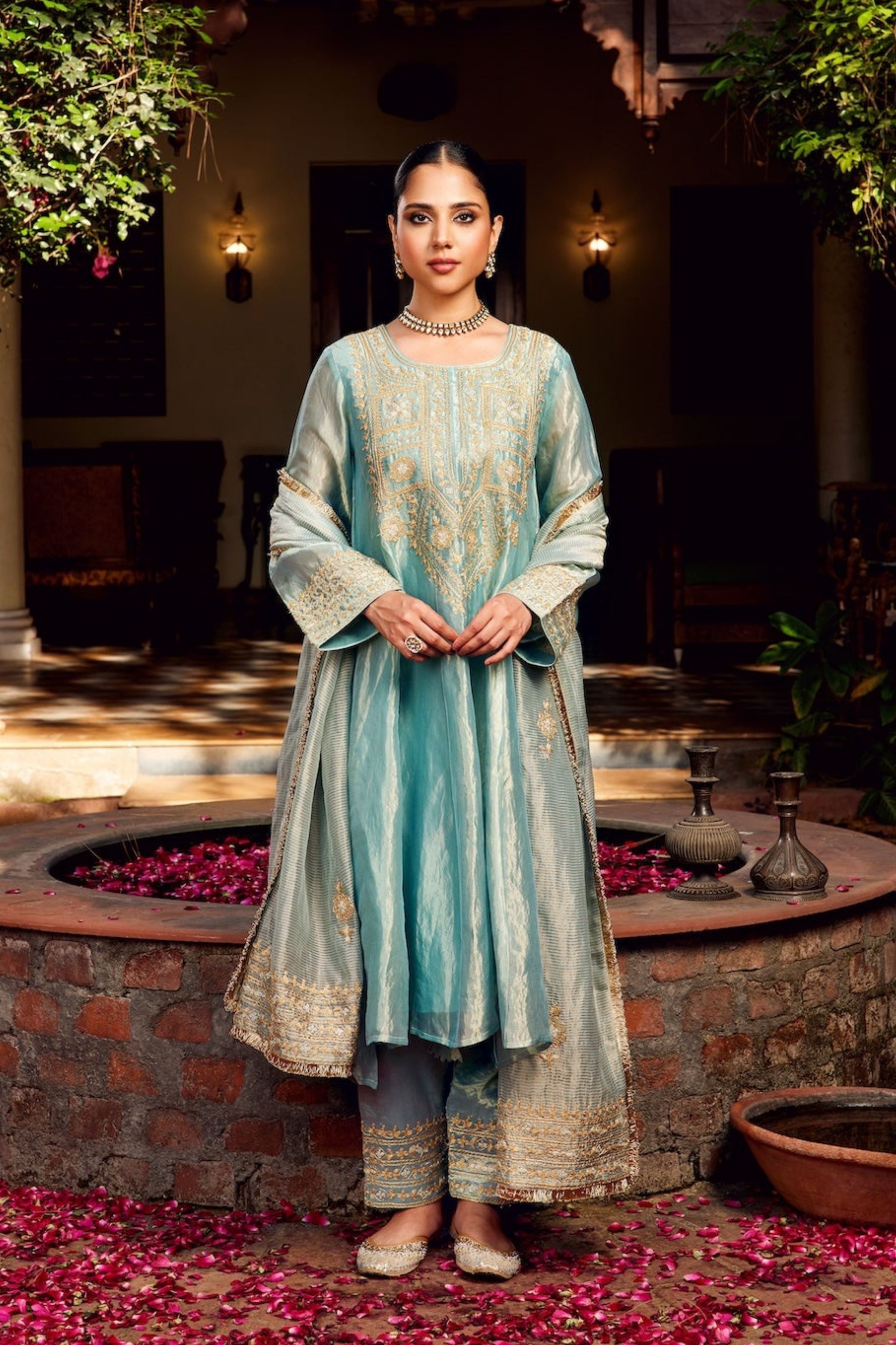Aqua Blue Tissue Anarkali Inayat Kurta Set