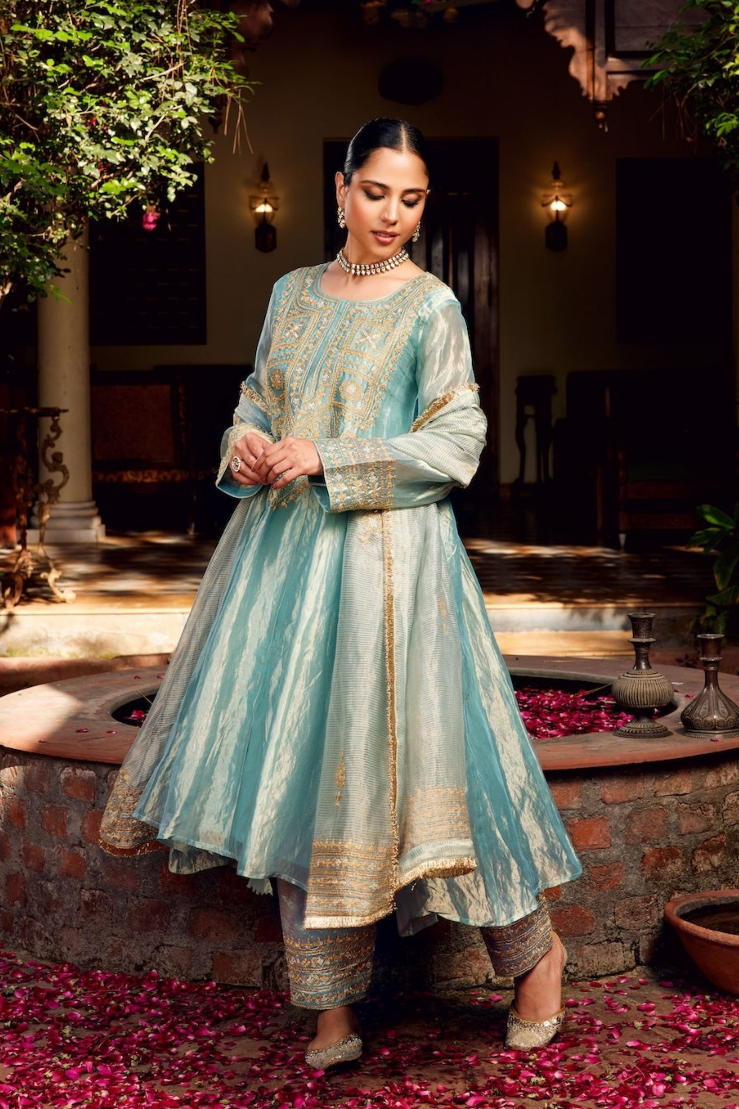 Aqua Blue Tissue Anarkali Inayat Kurta Set