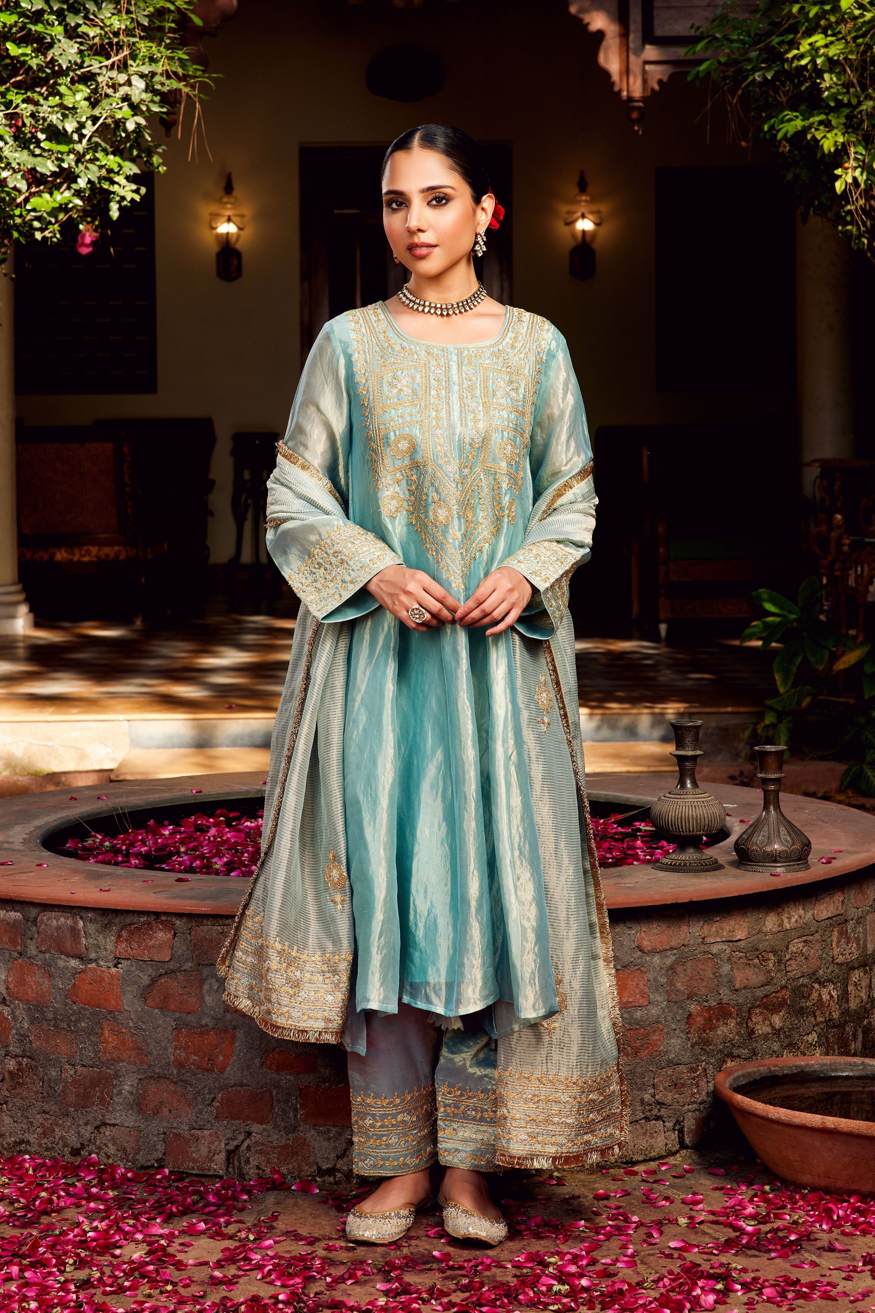 Aqua Blue Tissue Anarkali Inayat Kurta Set
