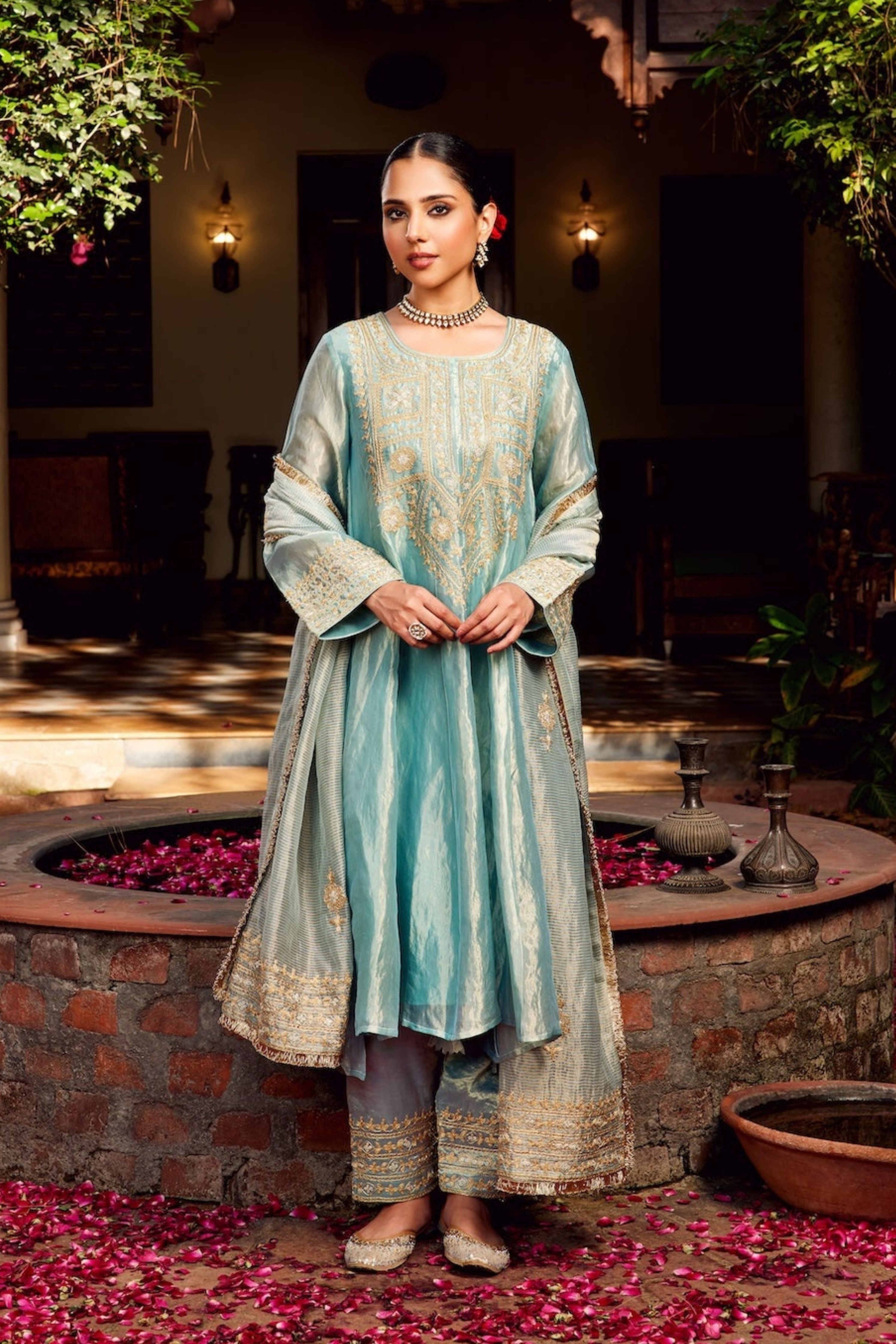 Aqua Blue Tissue Anarkali Inayat Kurta Set