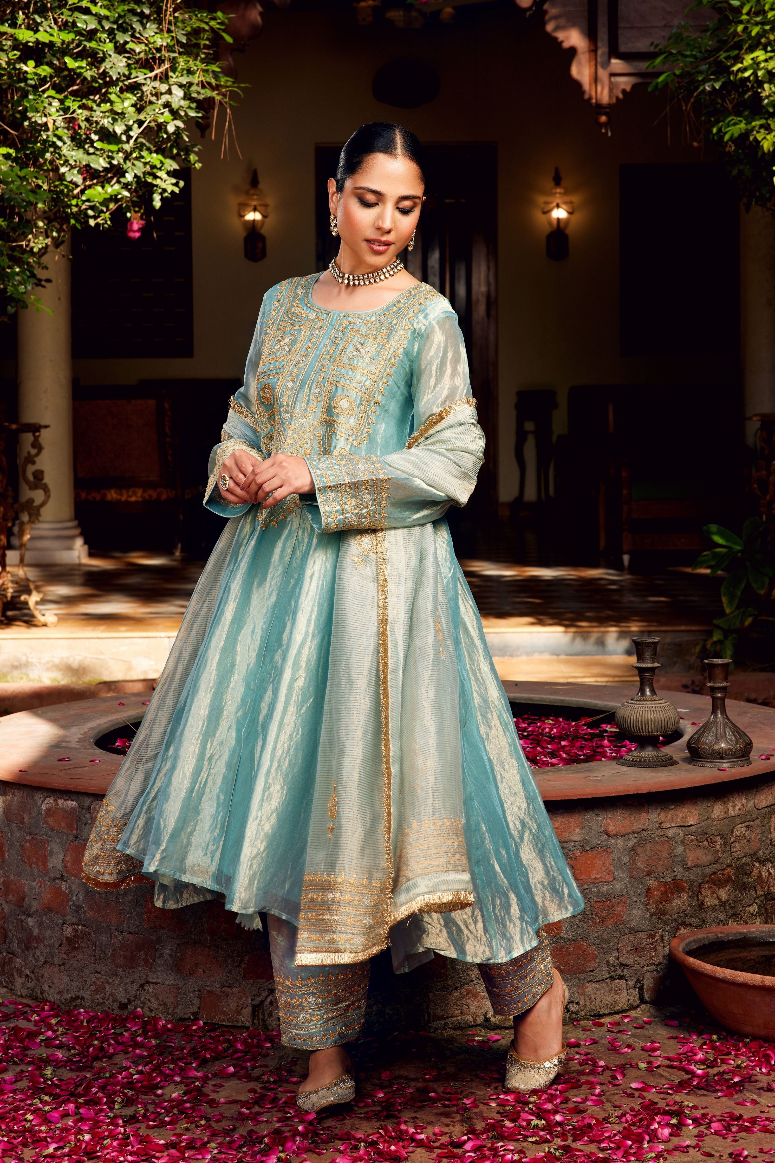 Aqua Blue Tissue Anarkali Inayat Kurta Set