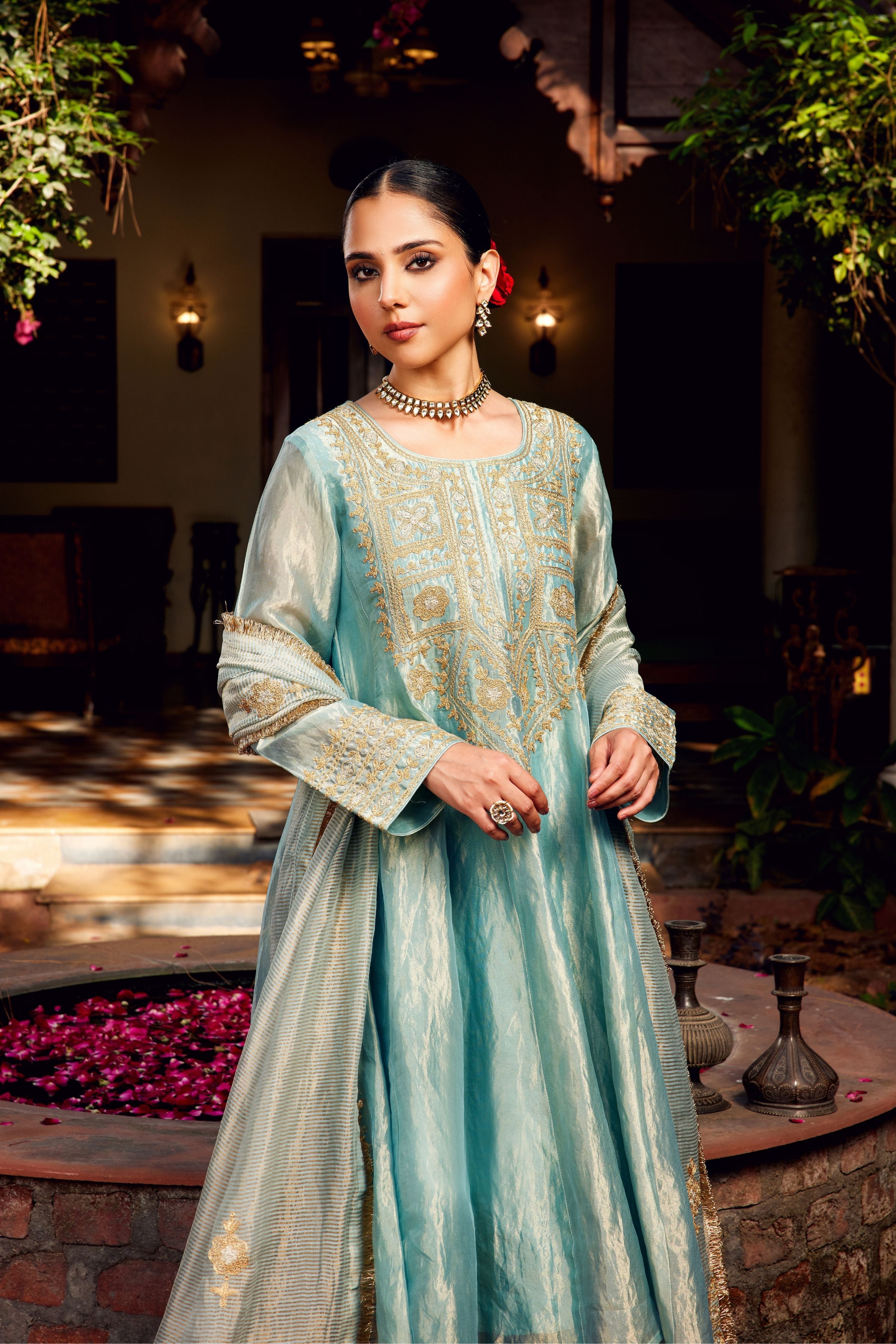Aqua Blue Tissue Anarkali Inayat Kurta Set