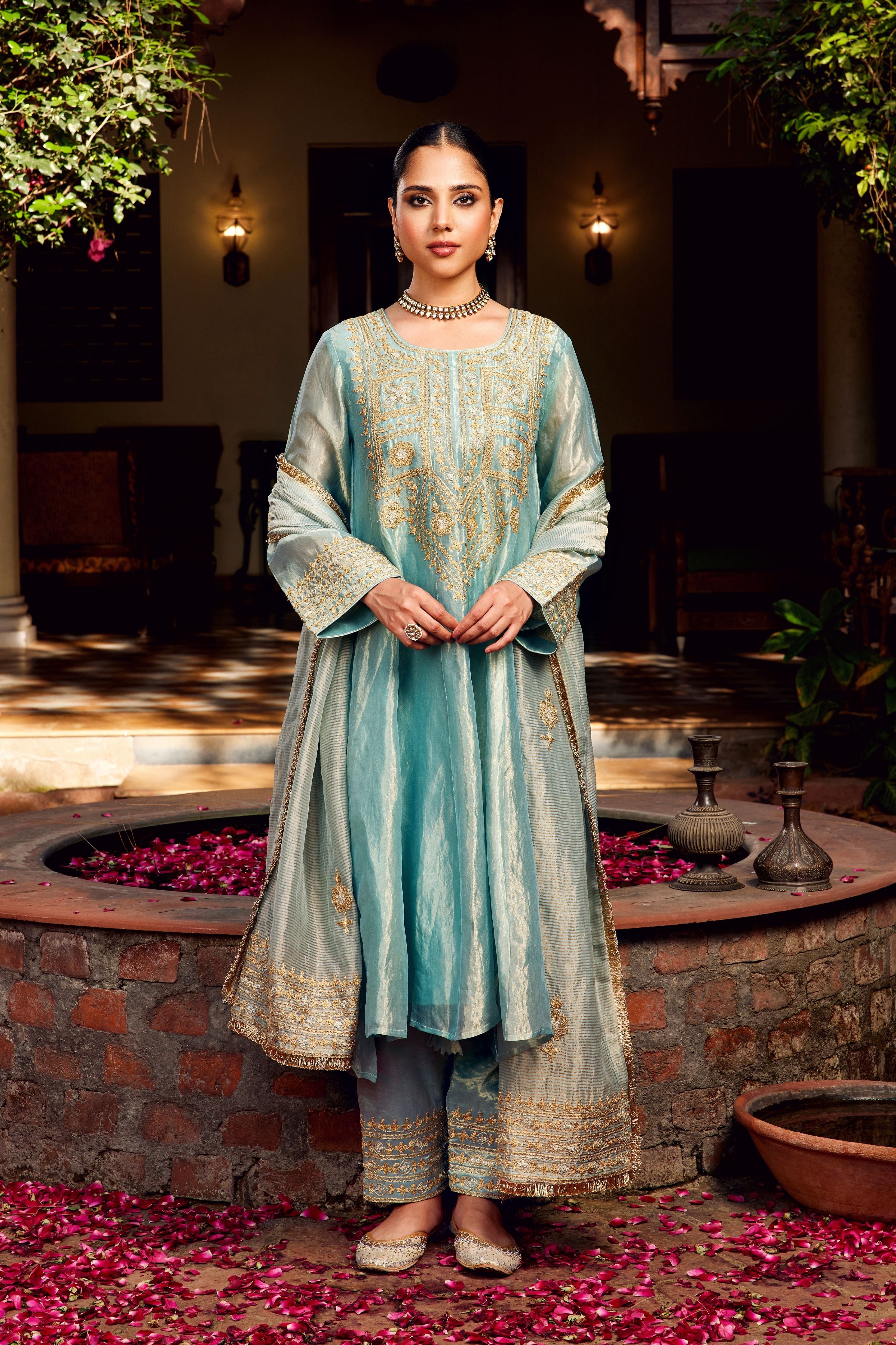 Aqua Blue Tissue Anarkali Inayat Kurta Set