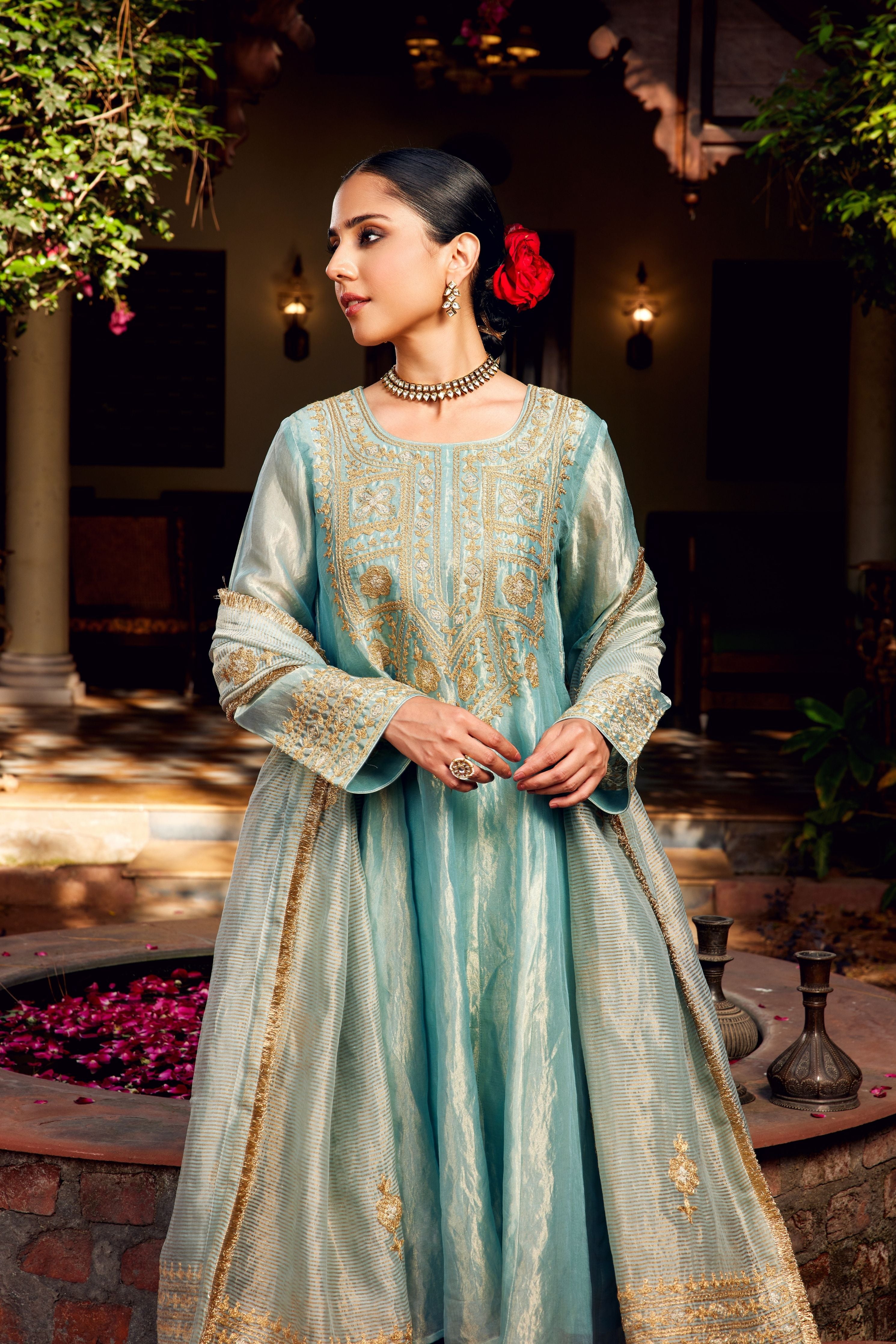 Aqua Blue Tissue Anarkali Inayat Kurta Set