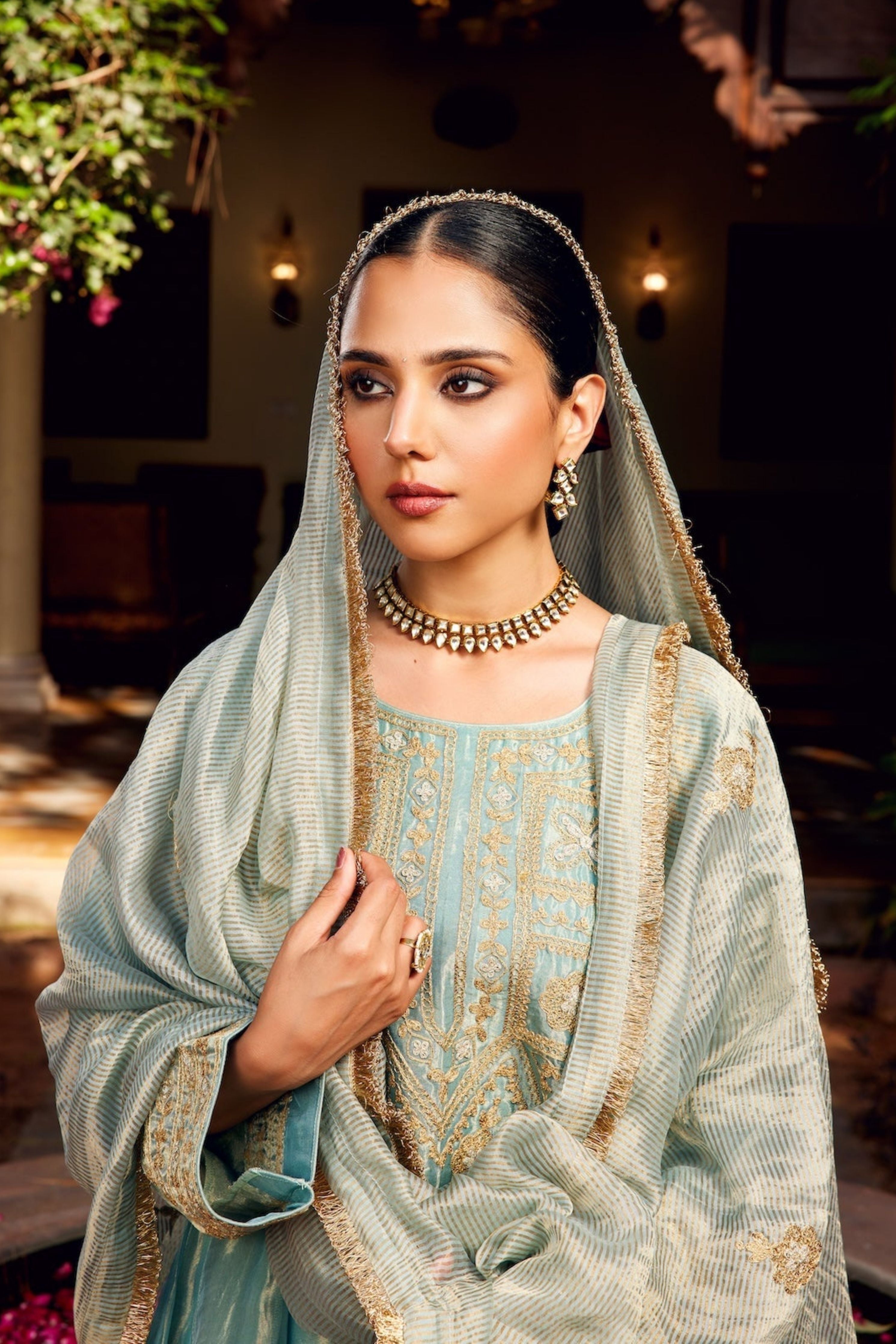 Aqua Blue Tissue Anarkali Inayat Kurta Set