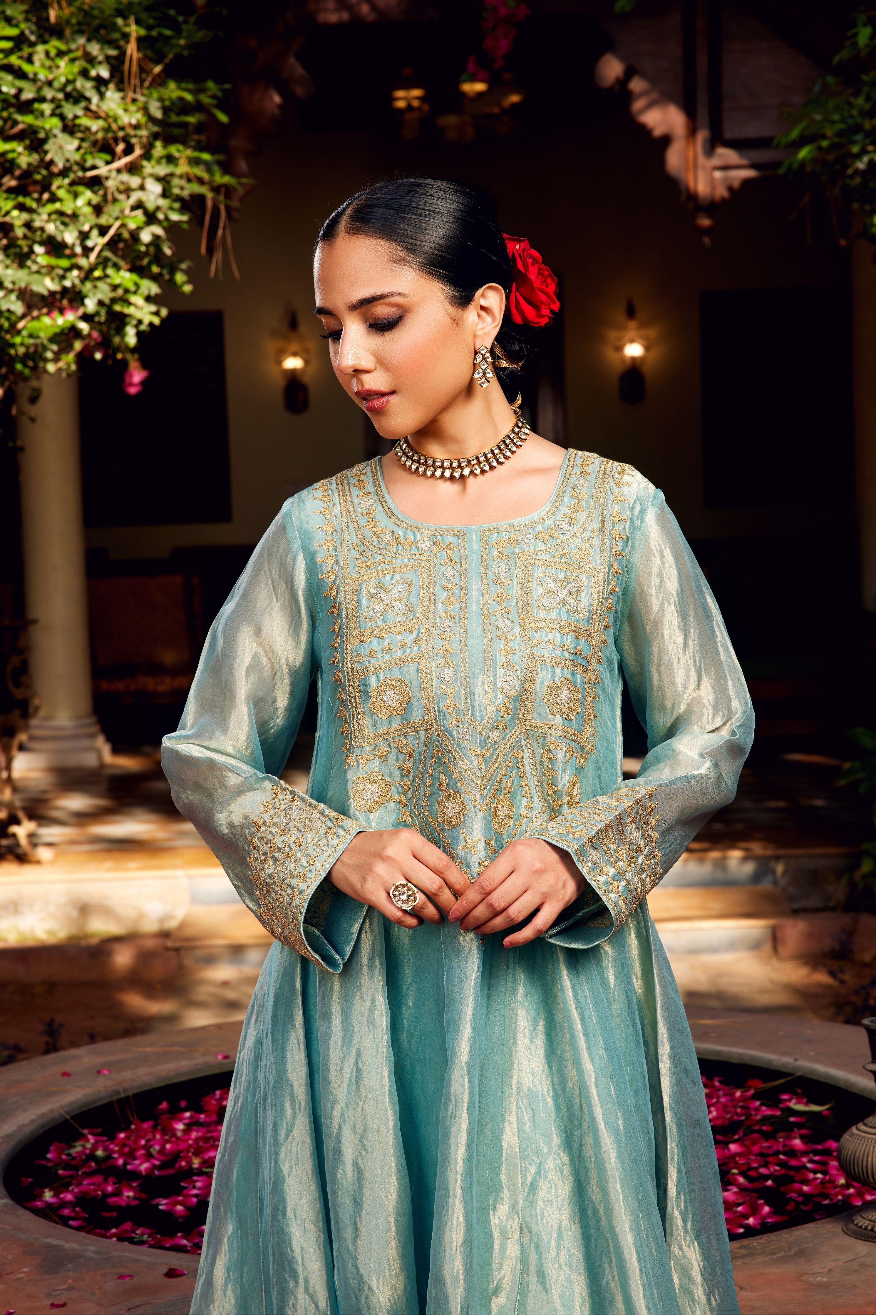 Aqua Blue Tissue Anarkali Inayat Kurta Set