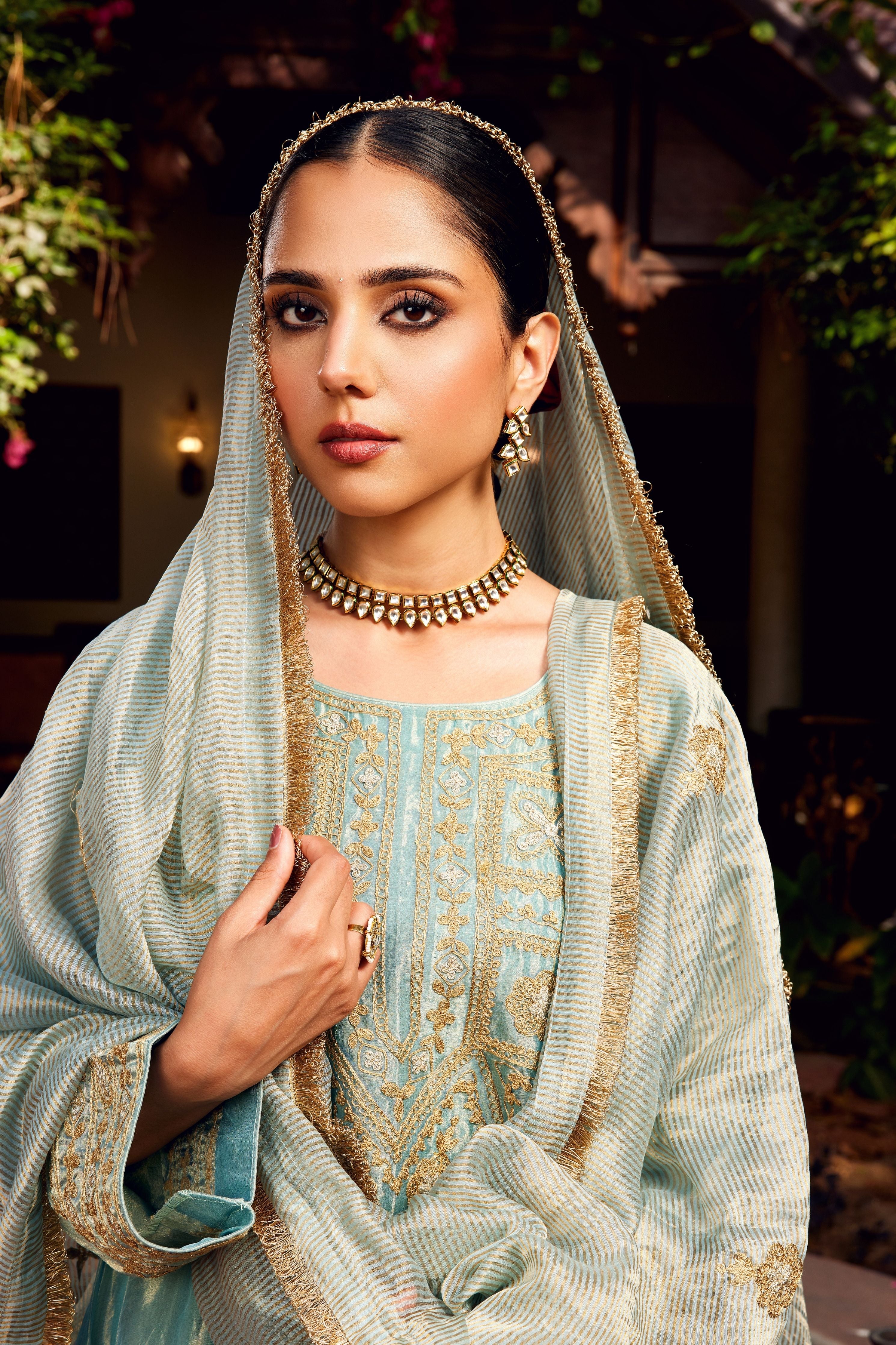 Aqua Blue Tissue Anarkali Inayat Kurta Set