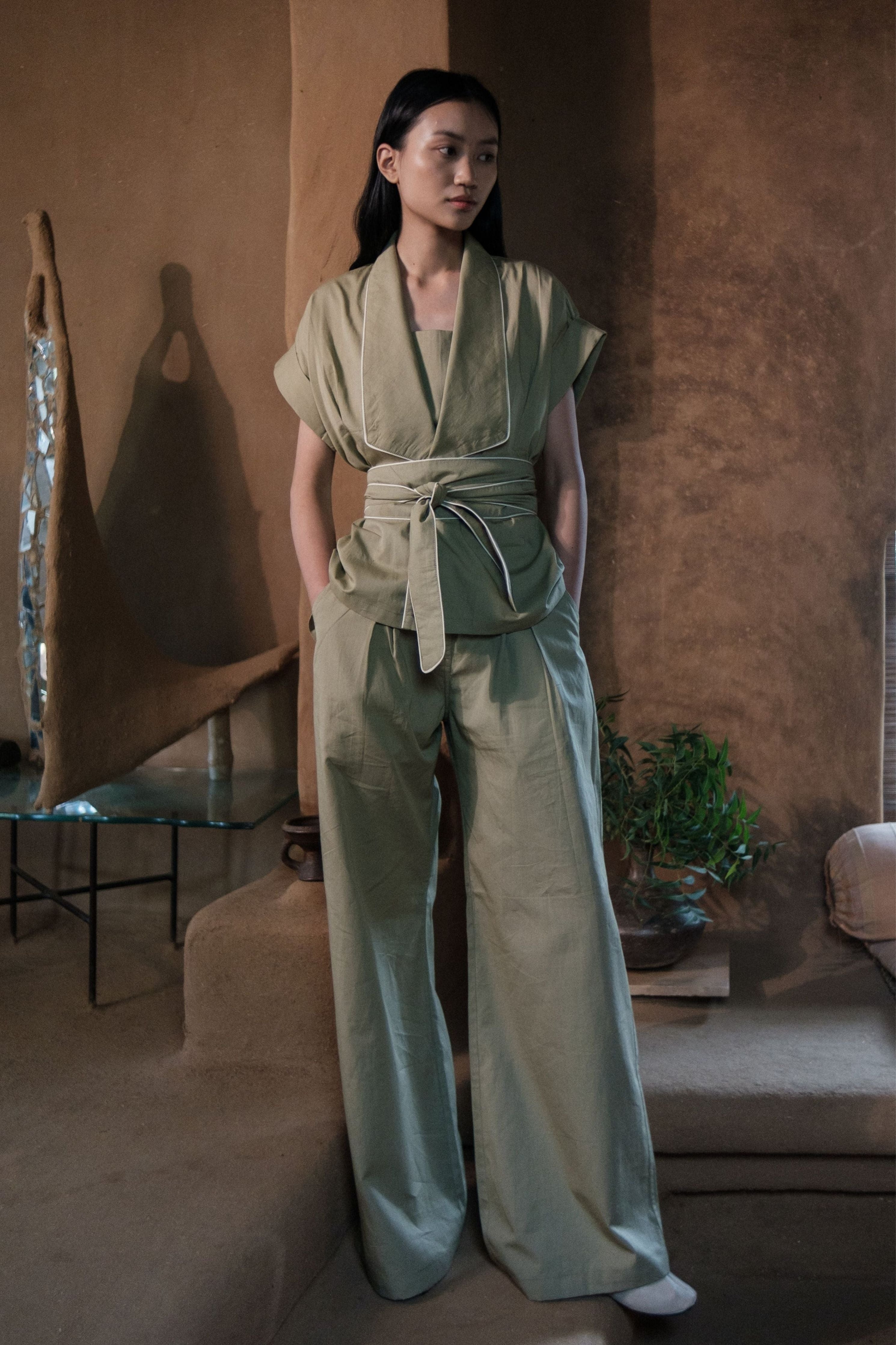 Khaki Berlin Shawl collar Top