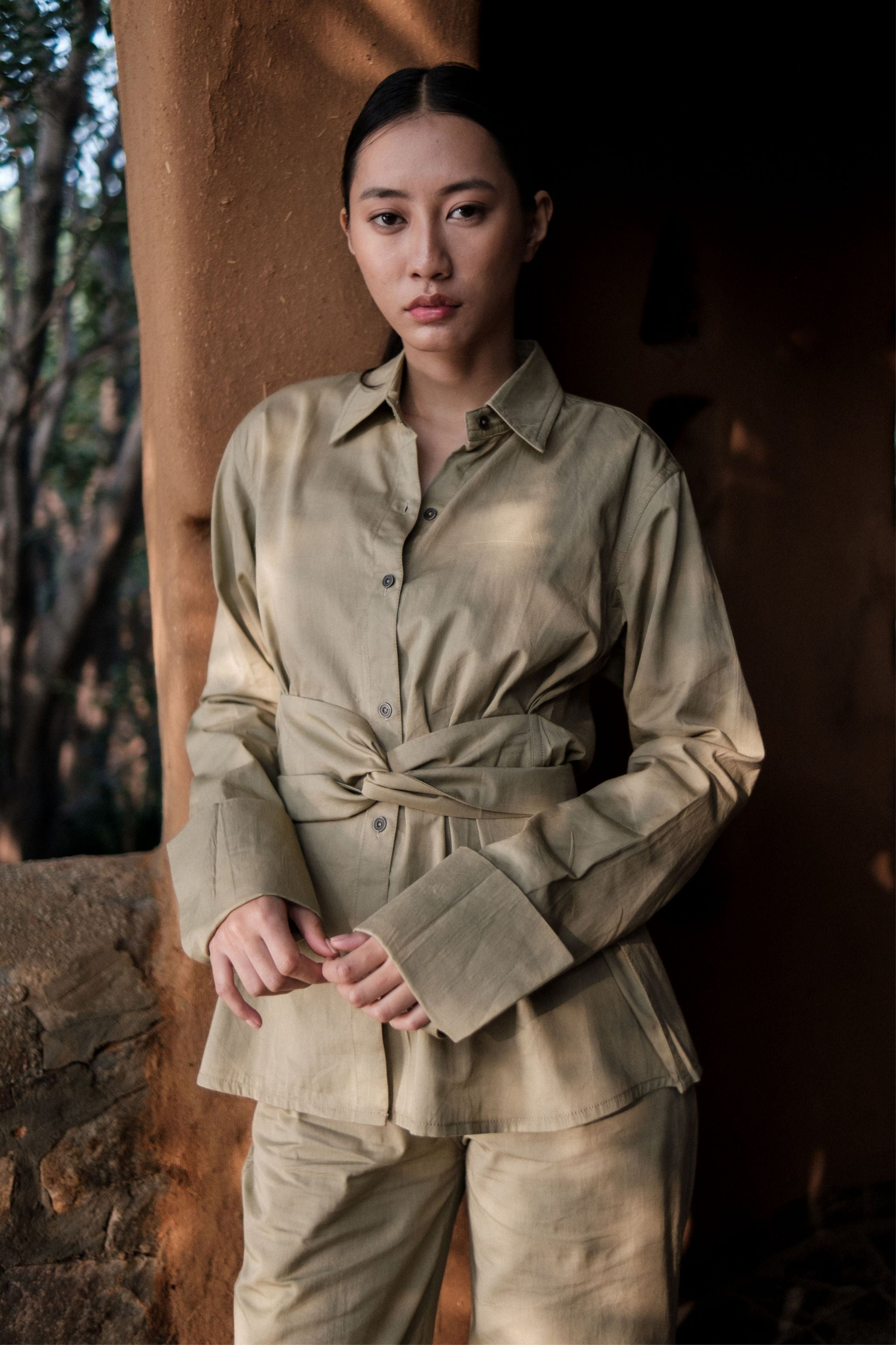 Khaki Nara Front knot Shirt