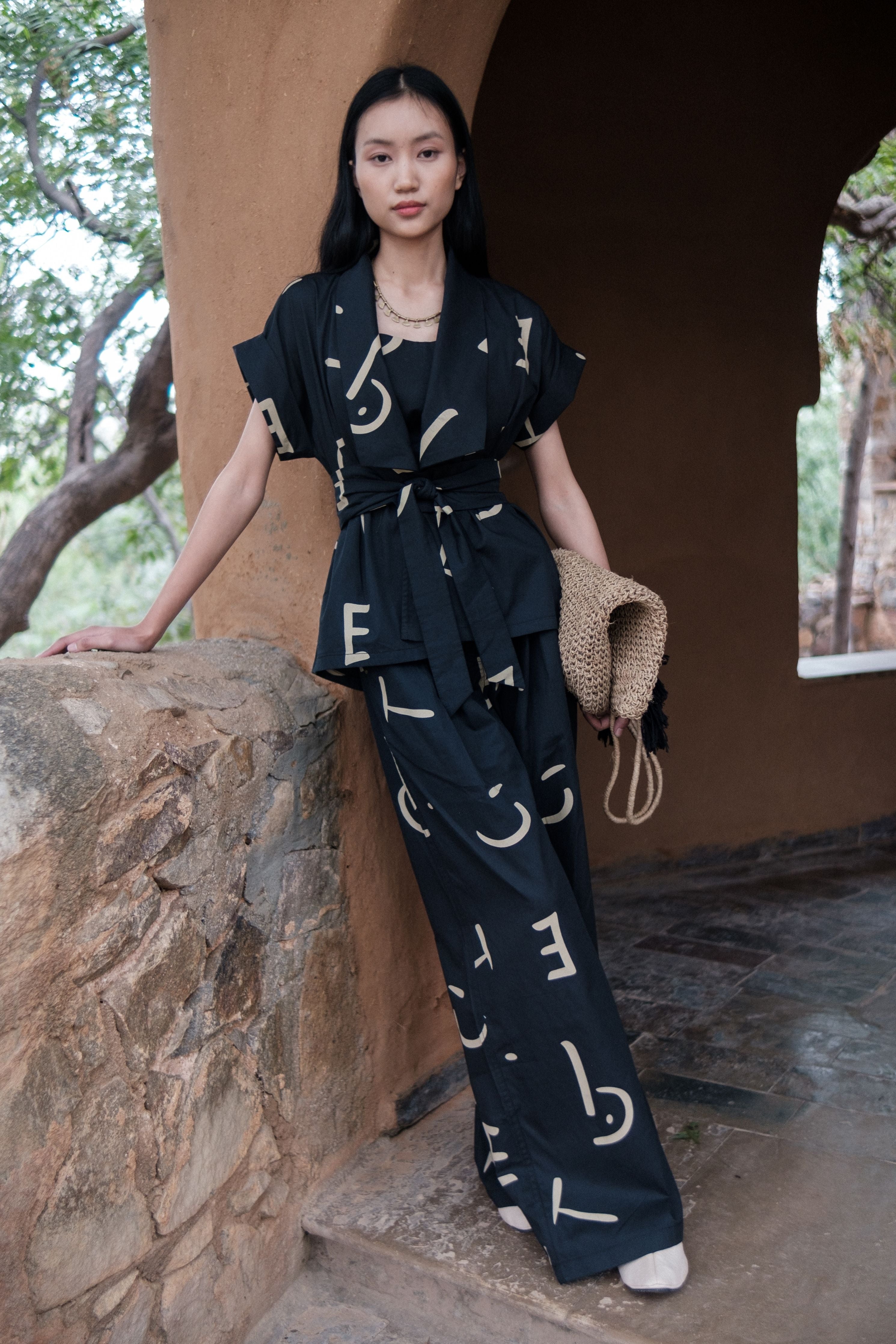 Black Line Printed Berlin Shawl collar Top