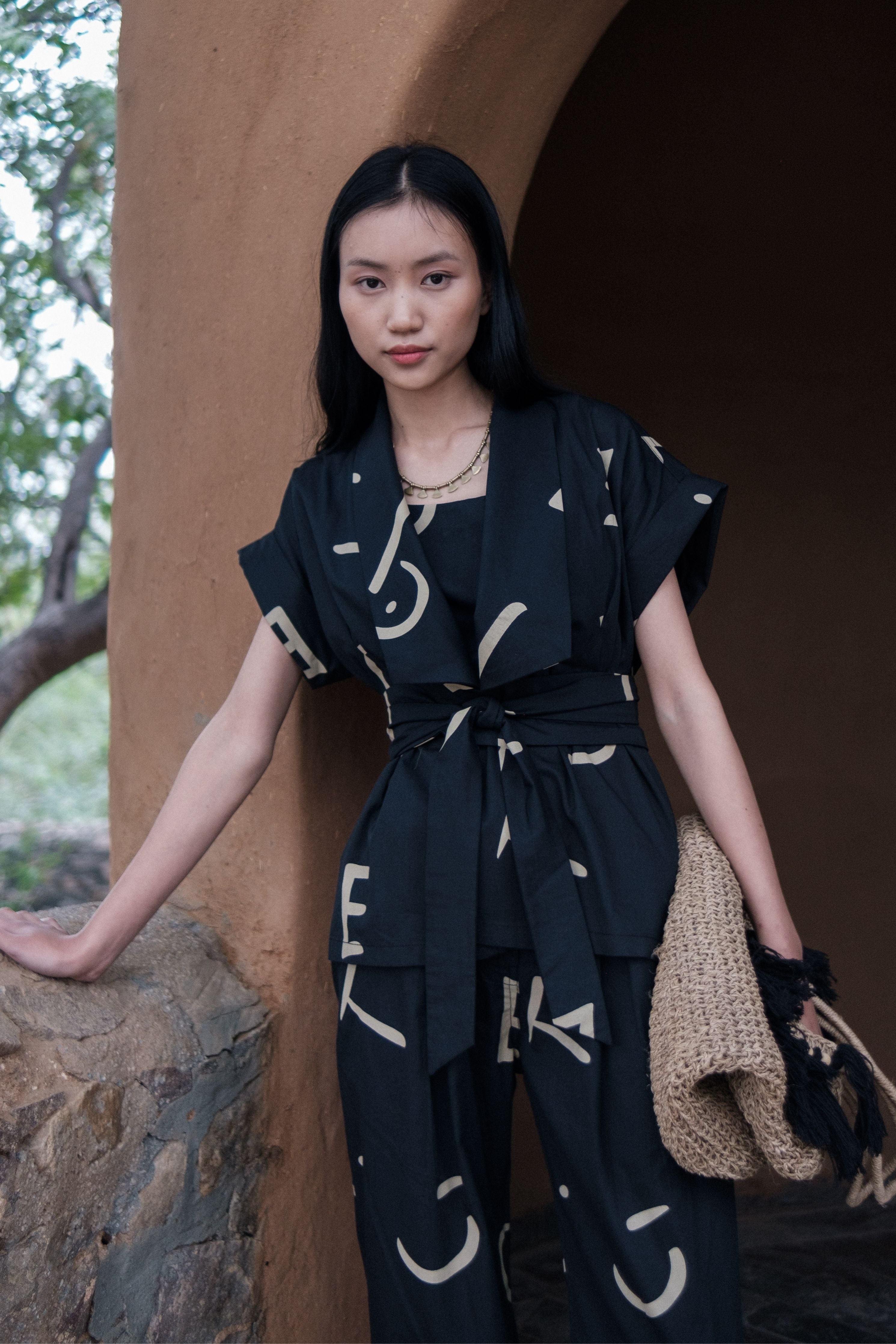 Black Line Printed Berlin Shawl collar Top