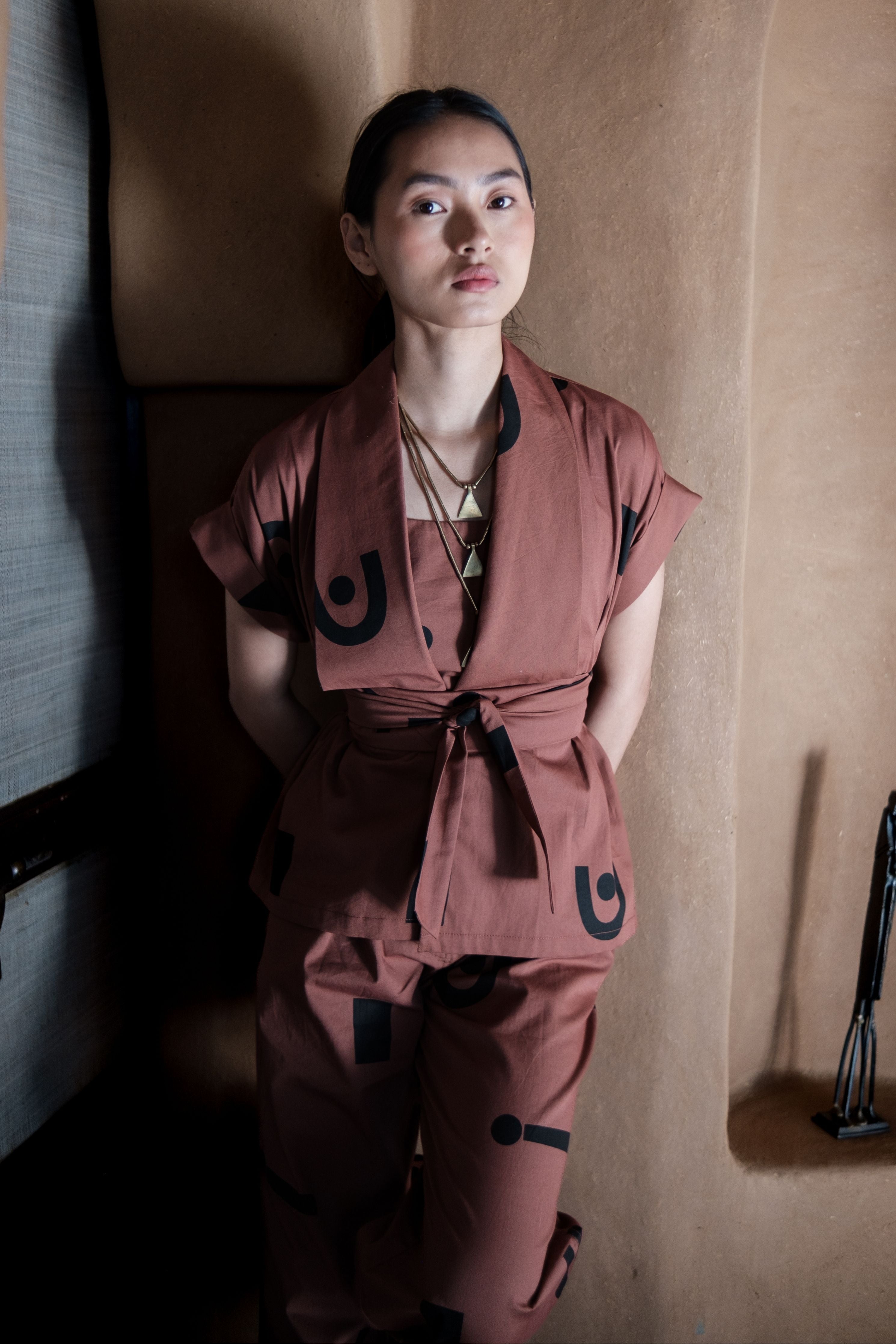 Copper Trigular Print Berlin Shawl collar Top