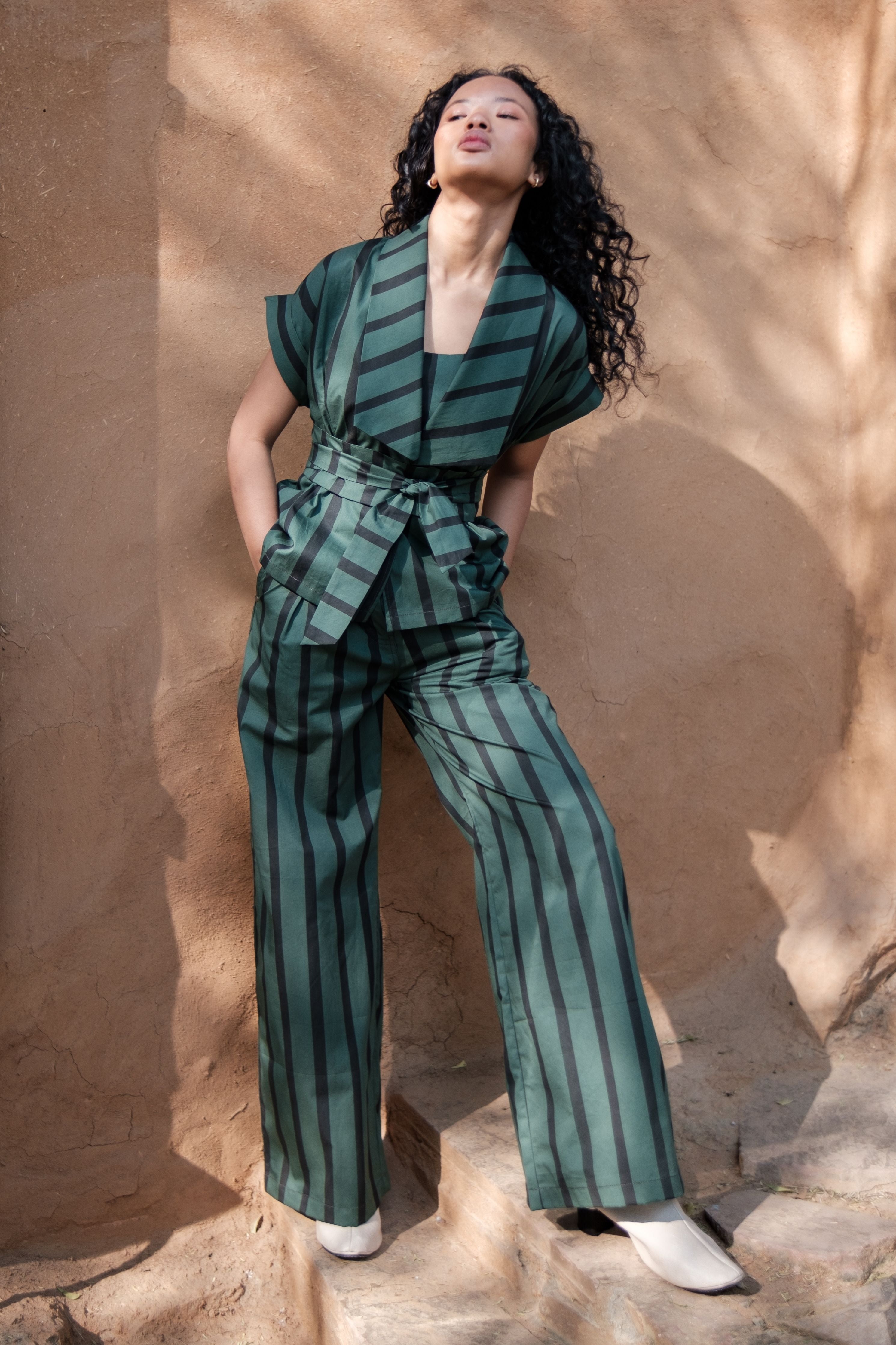 Green Stripes Berlin Shawl collar Top