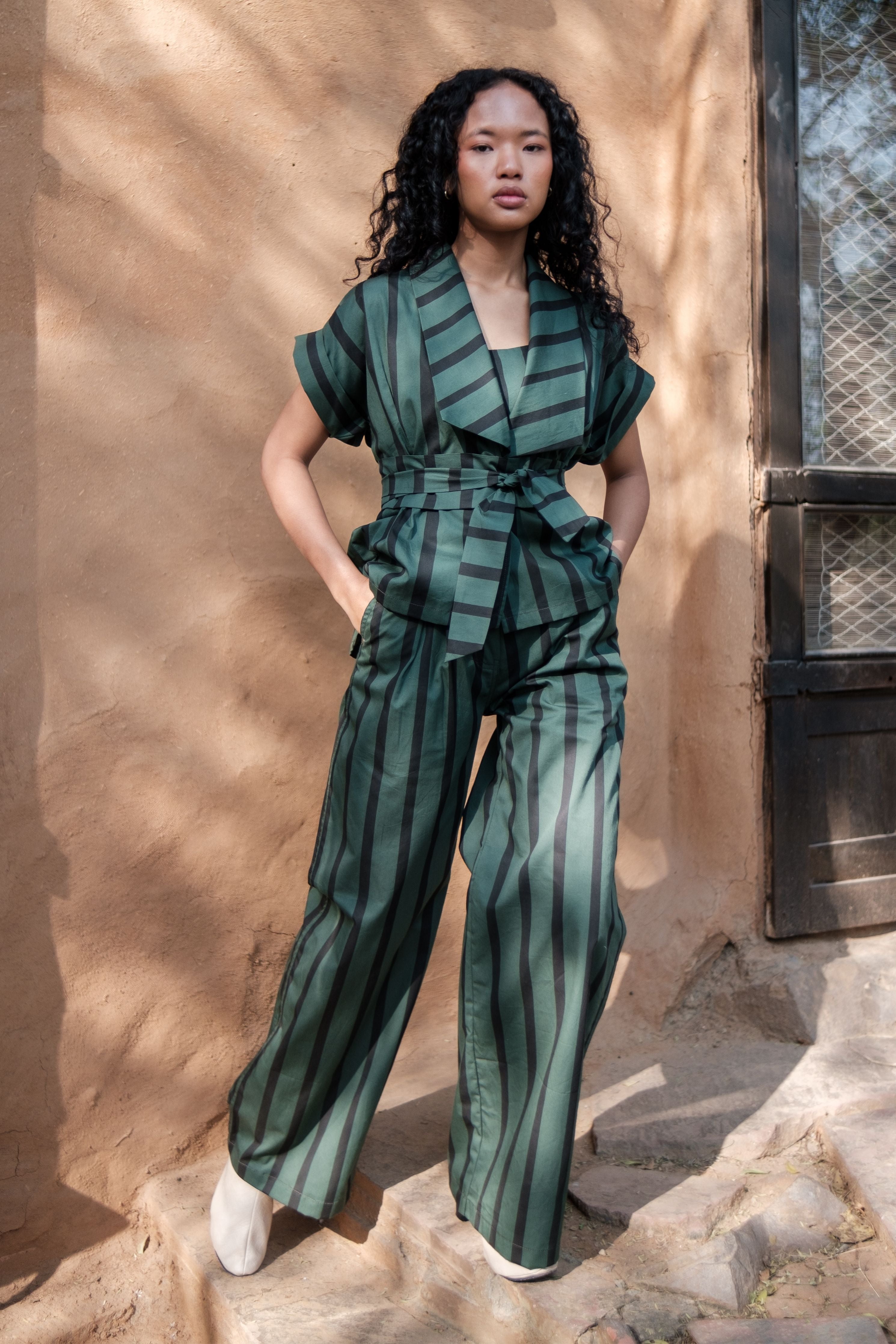 Green Stripes Berlin Shawl collar Top