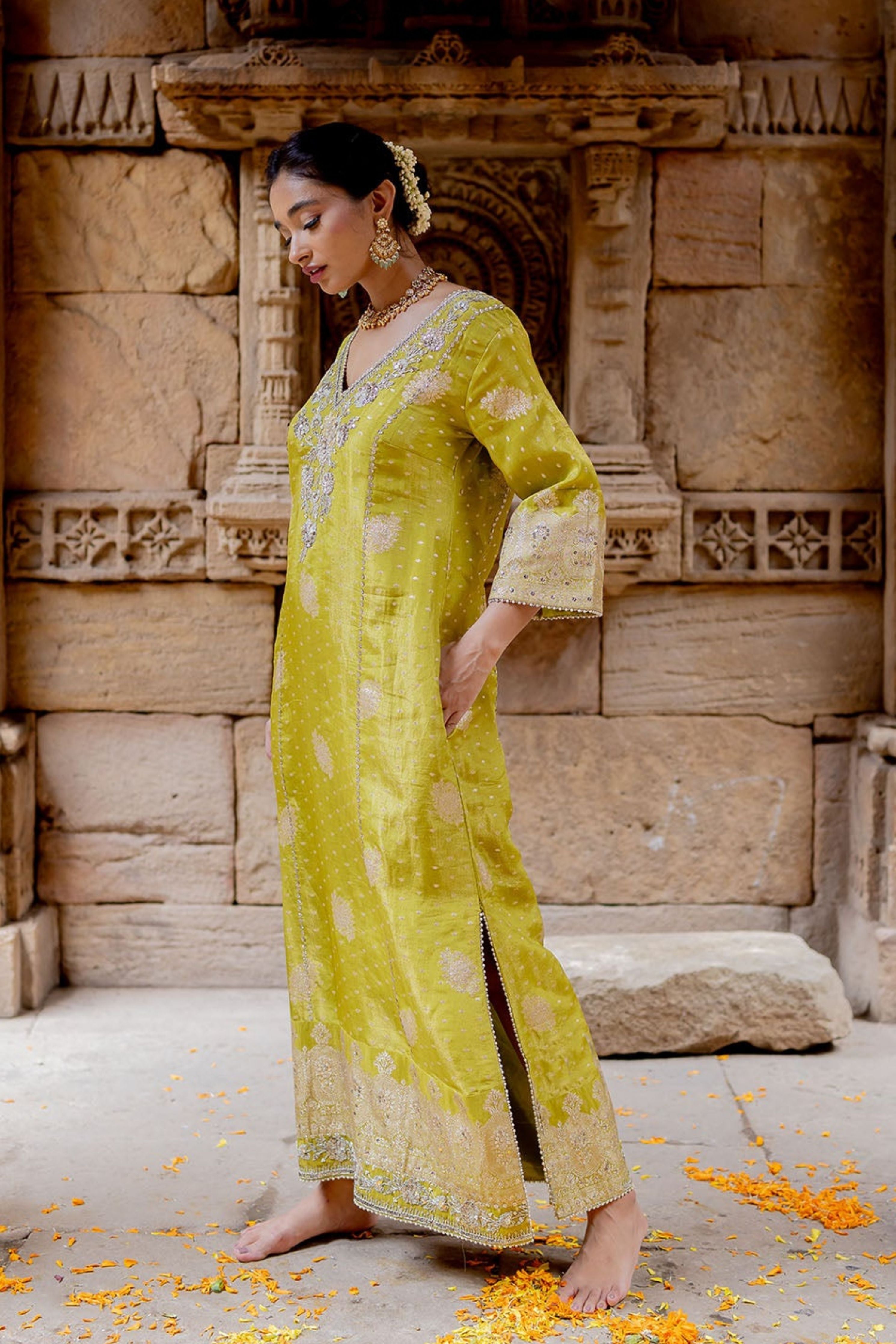 Lime Green Embroidered Tissue Kaftan