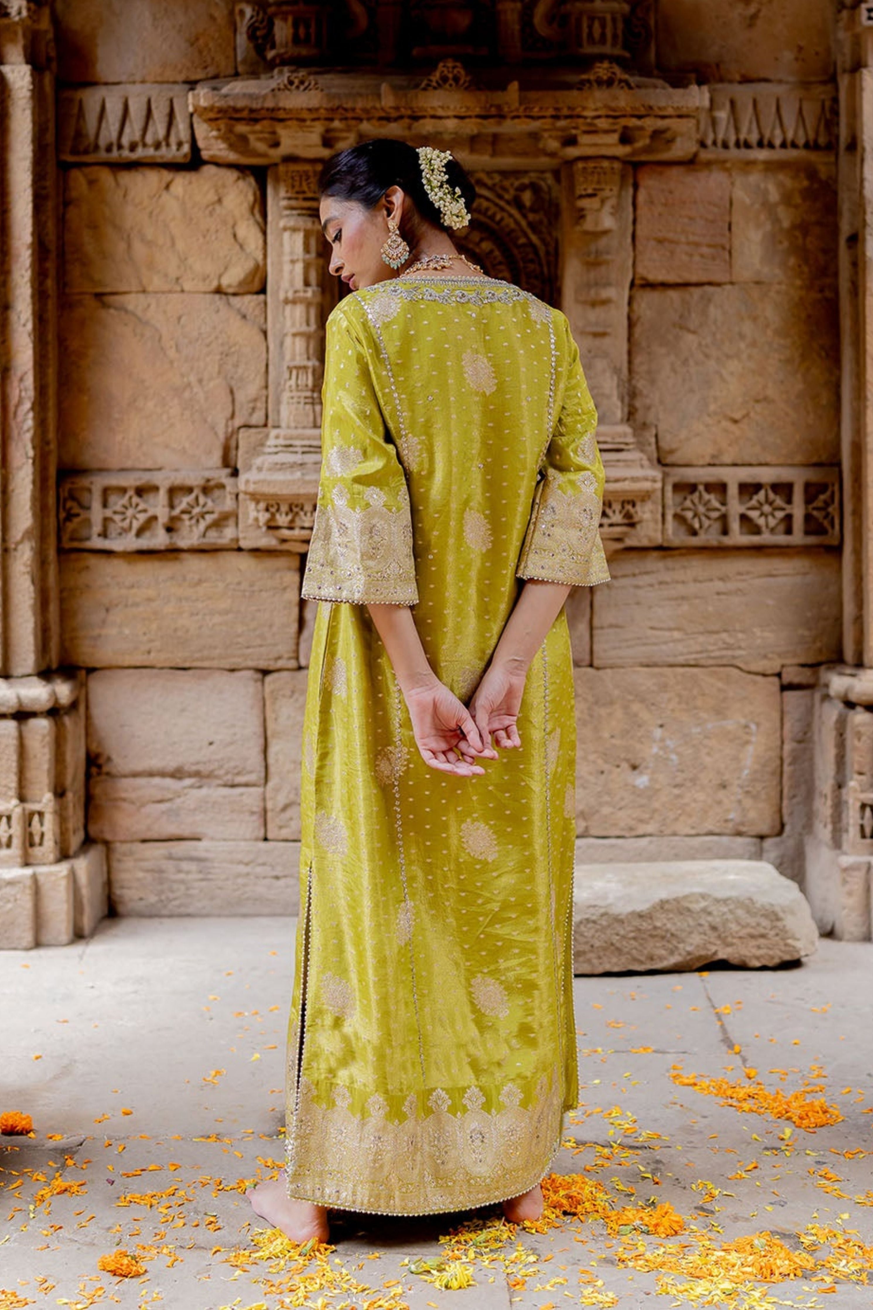 Lime Green Embroidered Tissue Kaftan