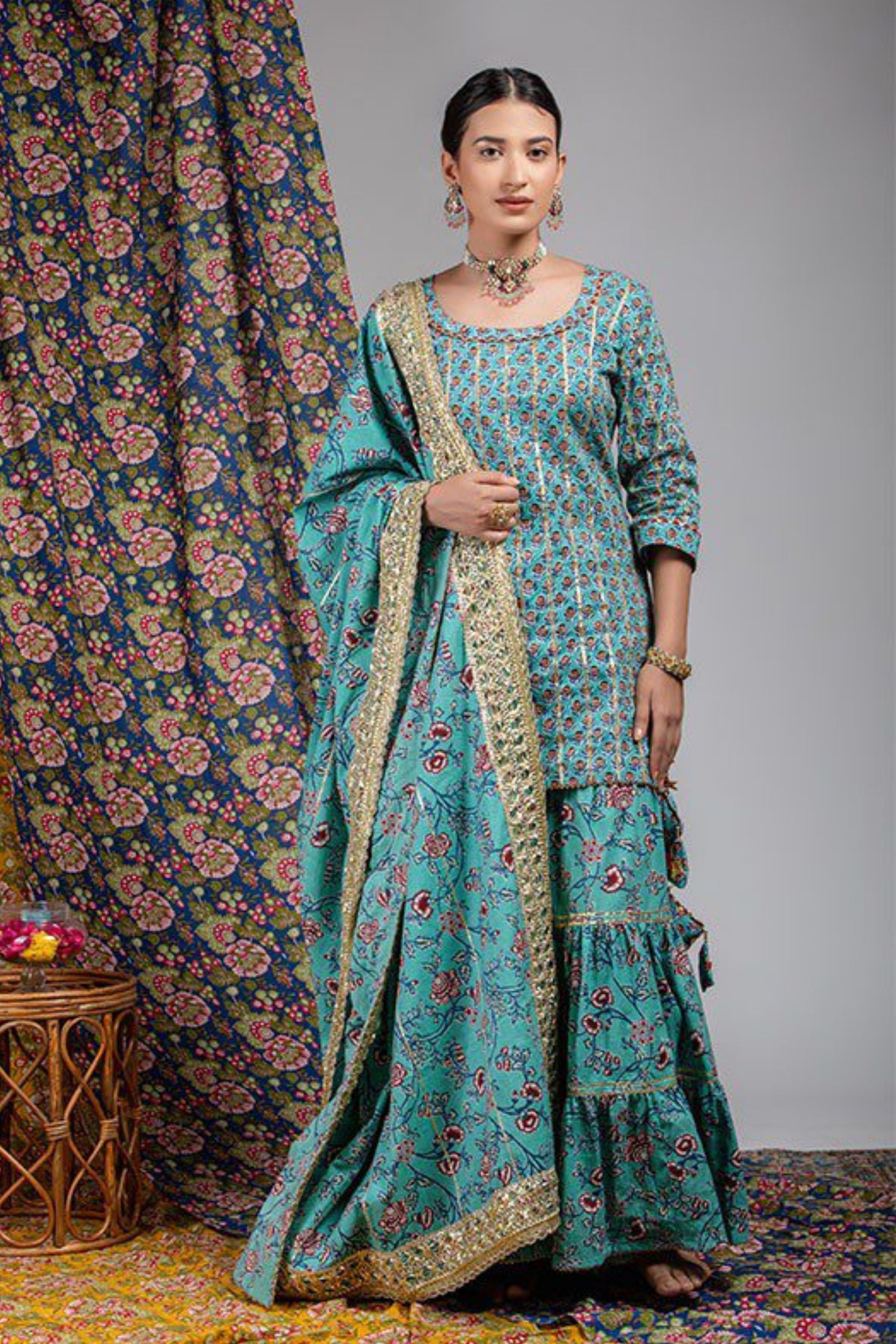 Aqua Green Floral Cotton Sharara Set