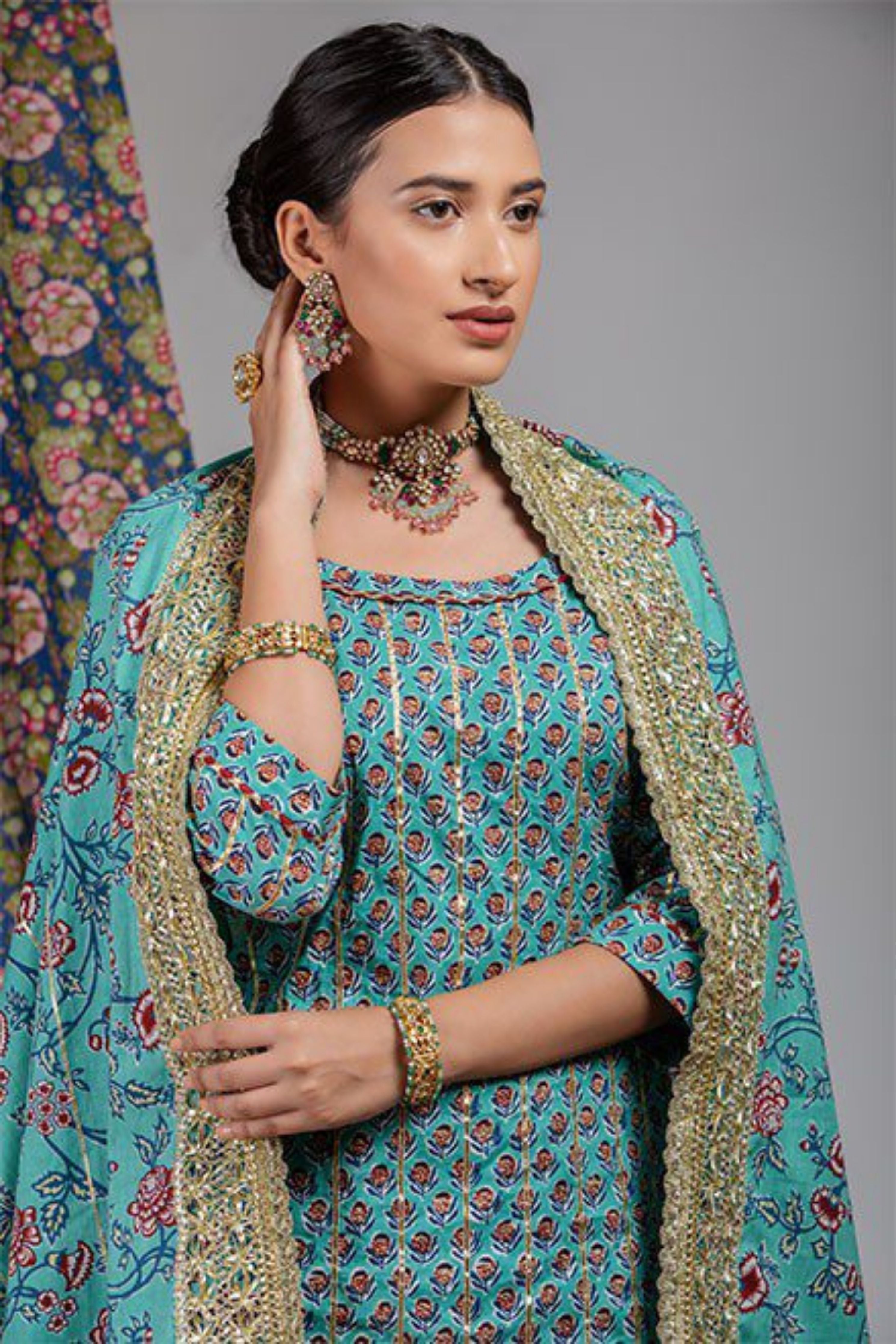 Aqua Green Floral Cotton Sharara Set