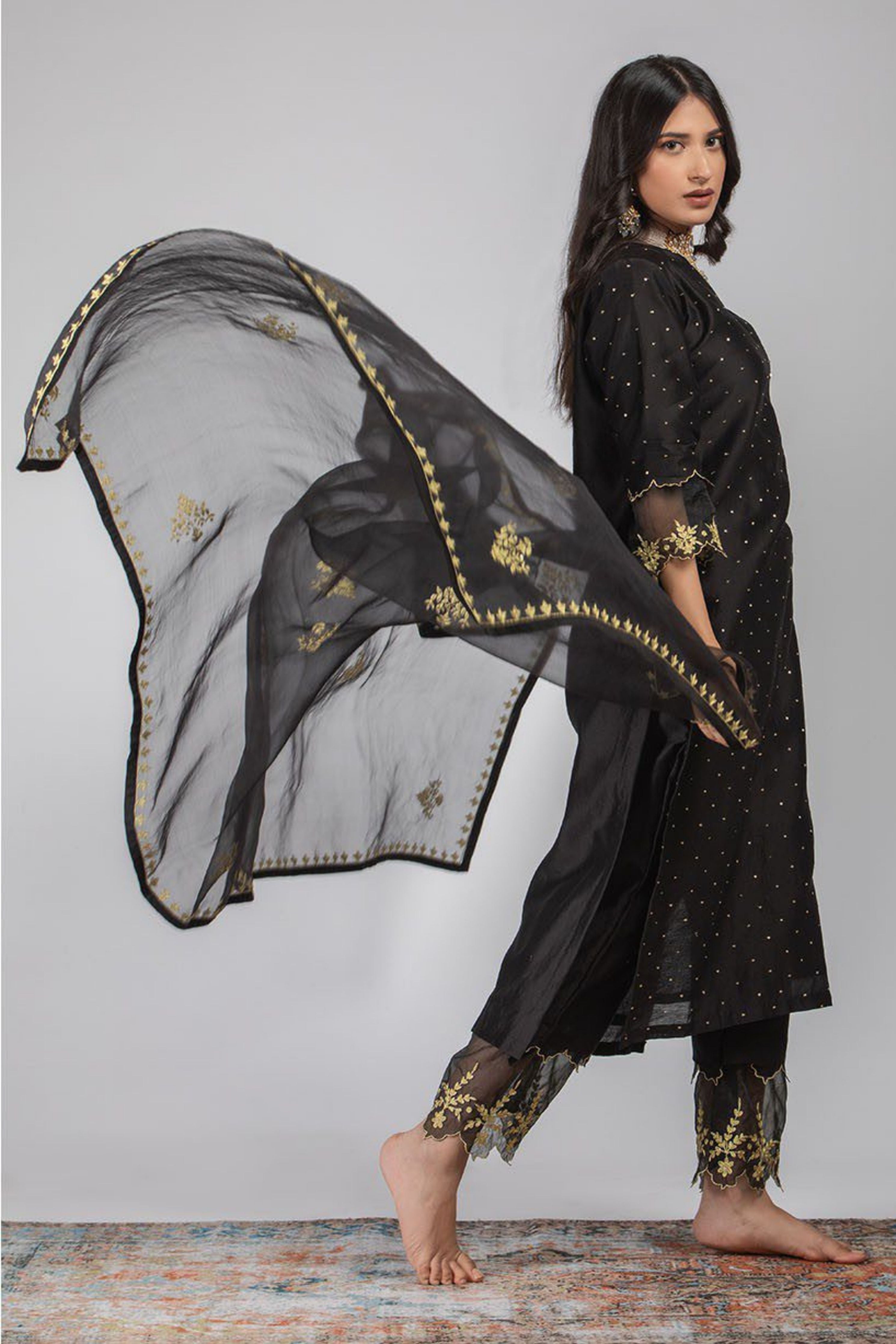 Black Chanderi Silk Kurta Set