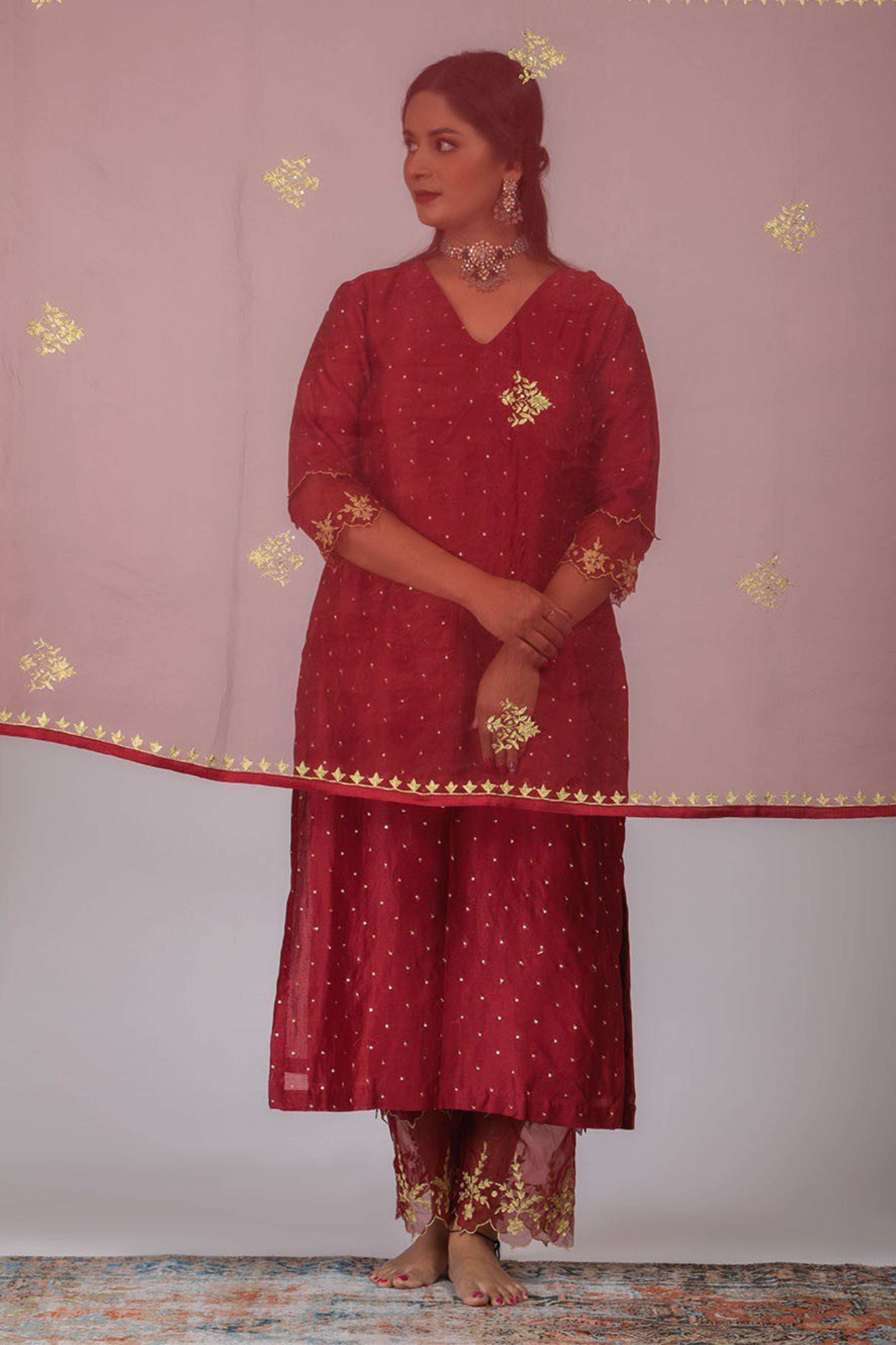 Maroon Chanderi Silk Suit Set