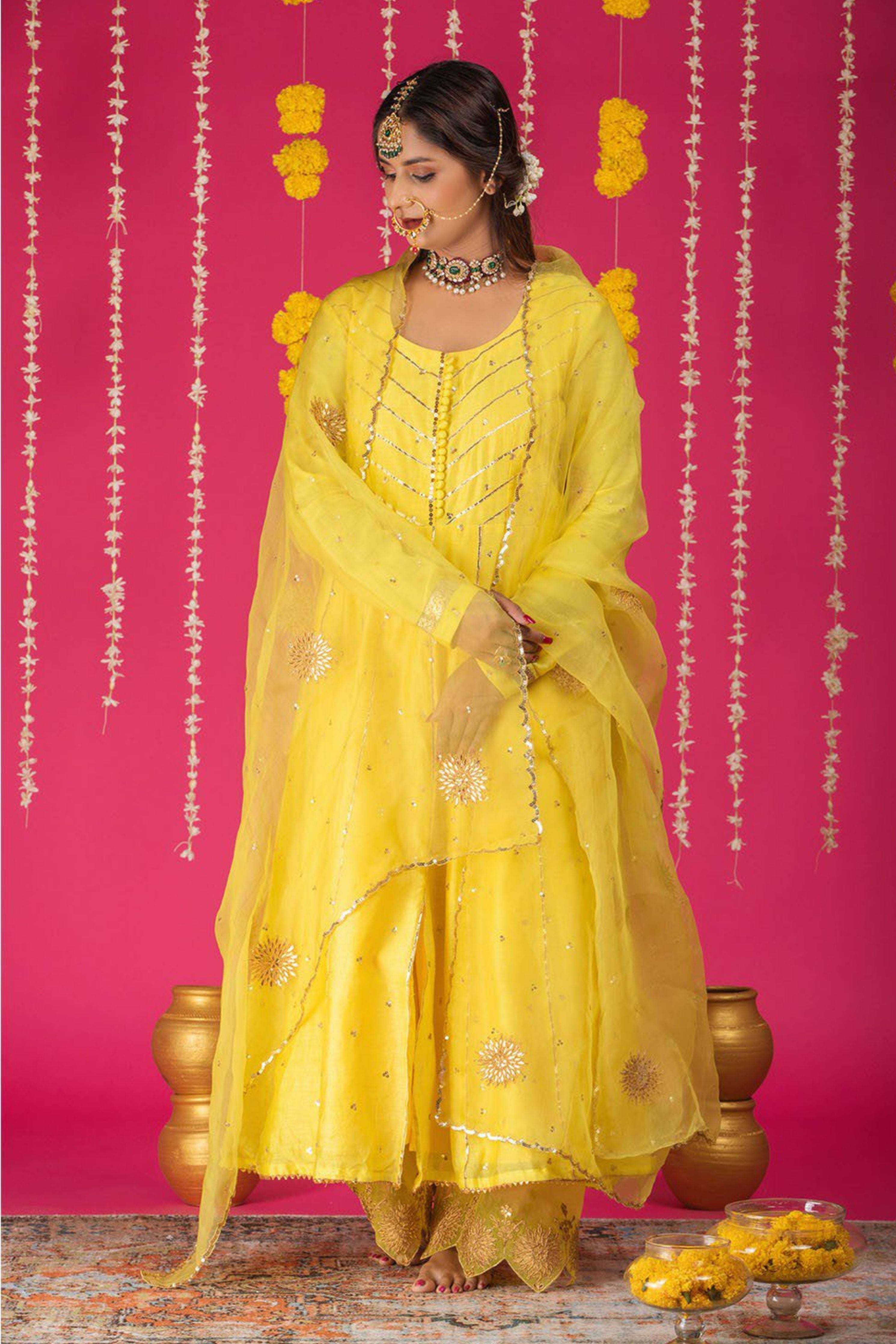 Yellow Chanderi Silk Anarkali Suit Set