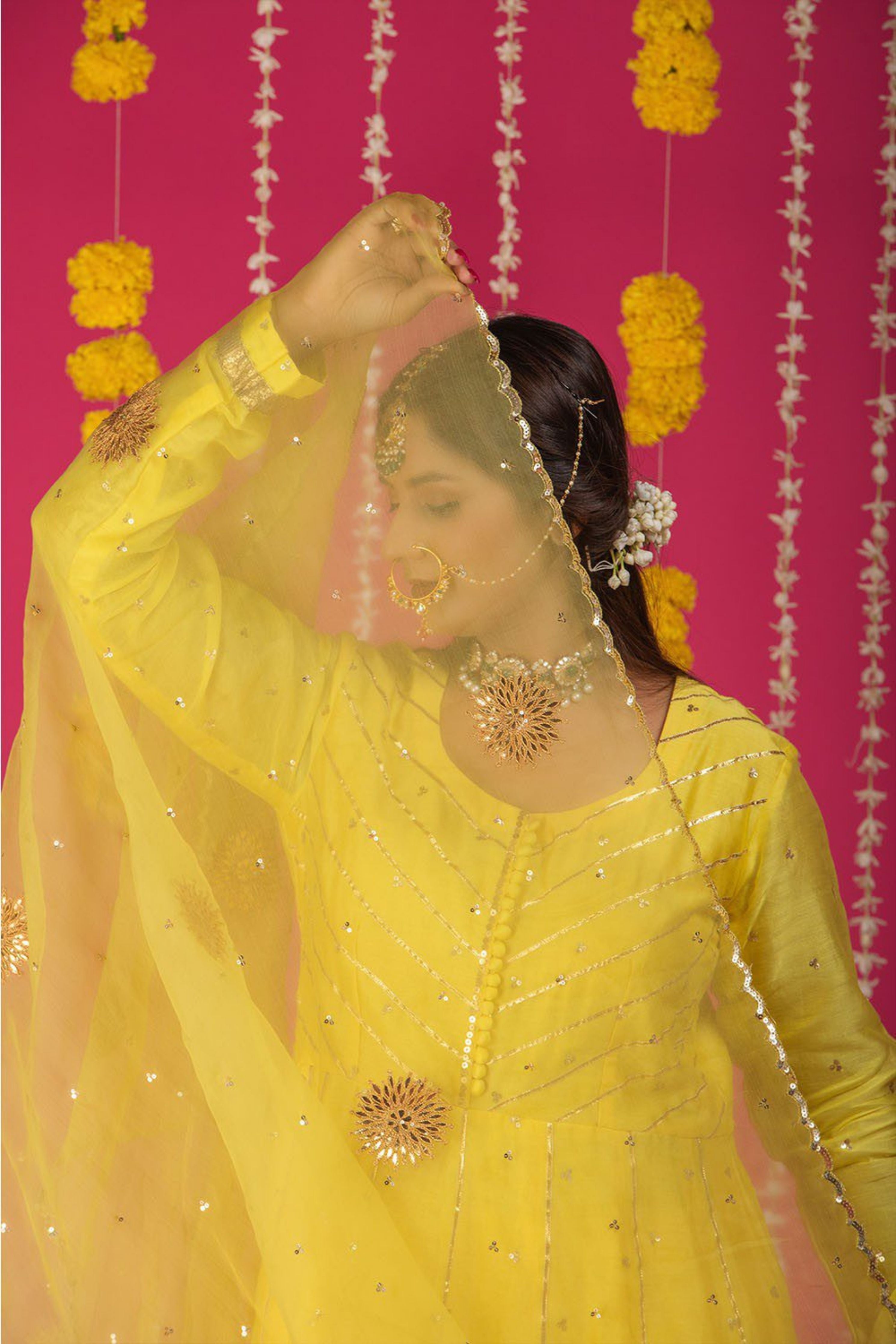 Yellow Chanderi Silk Anarkali Suit Set