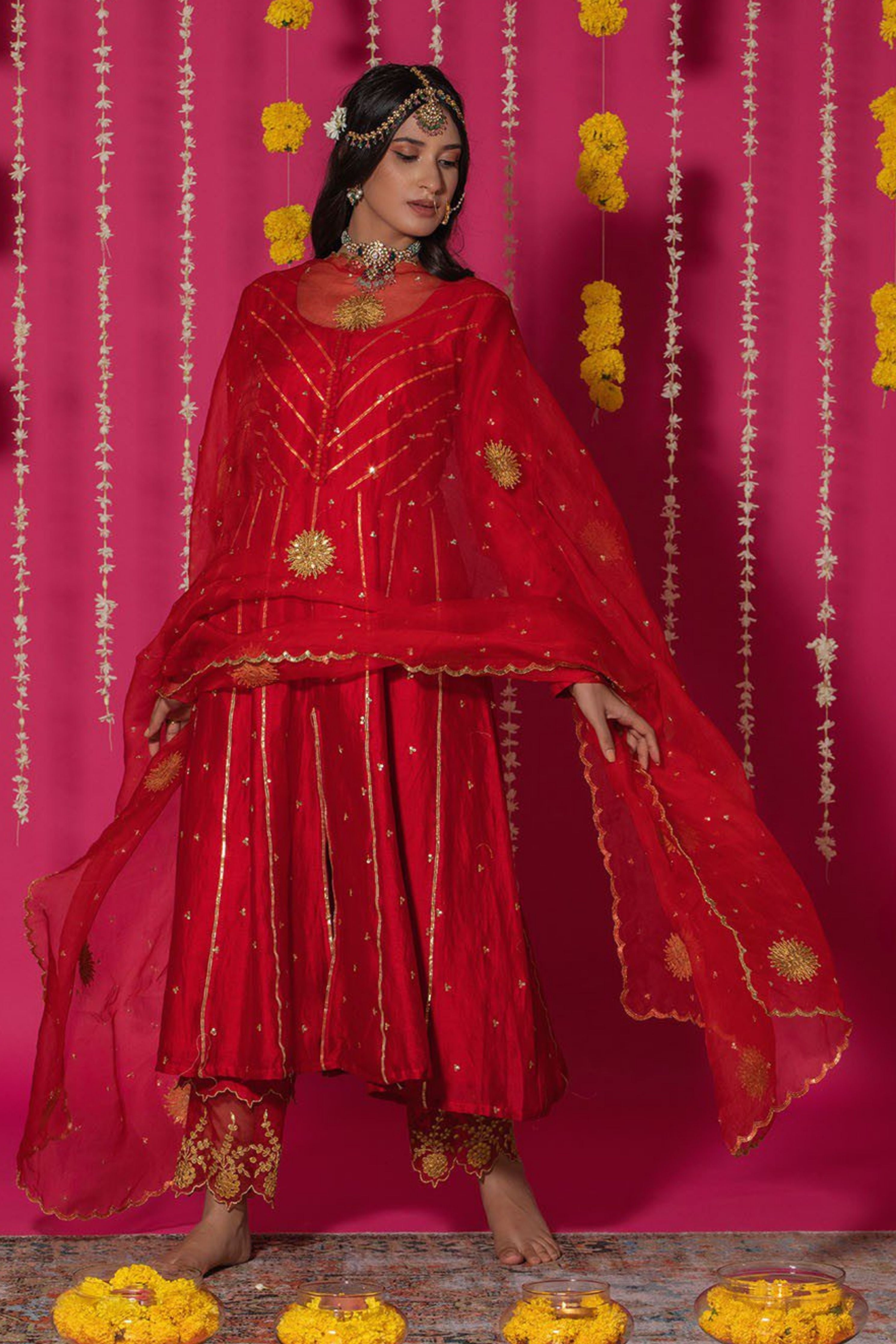Red Chanderi Silk Anarkali Suit Set