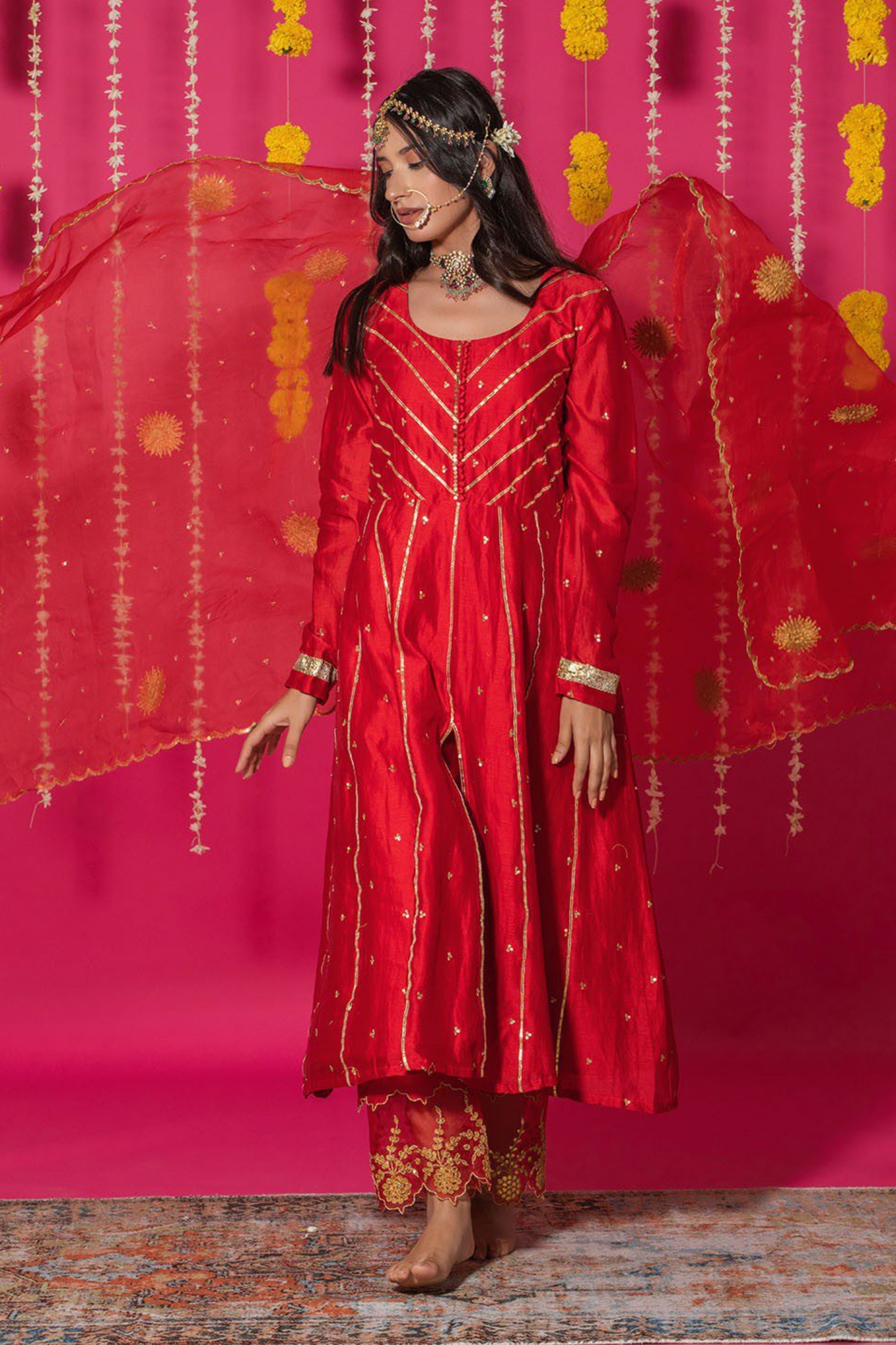 Red Chanderi Silk Anarkali Suit Set