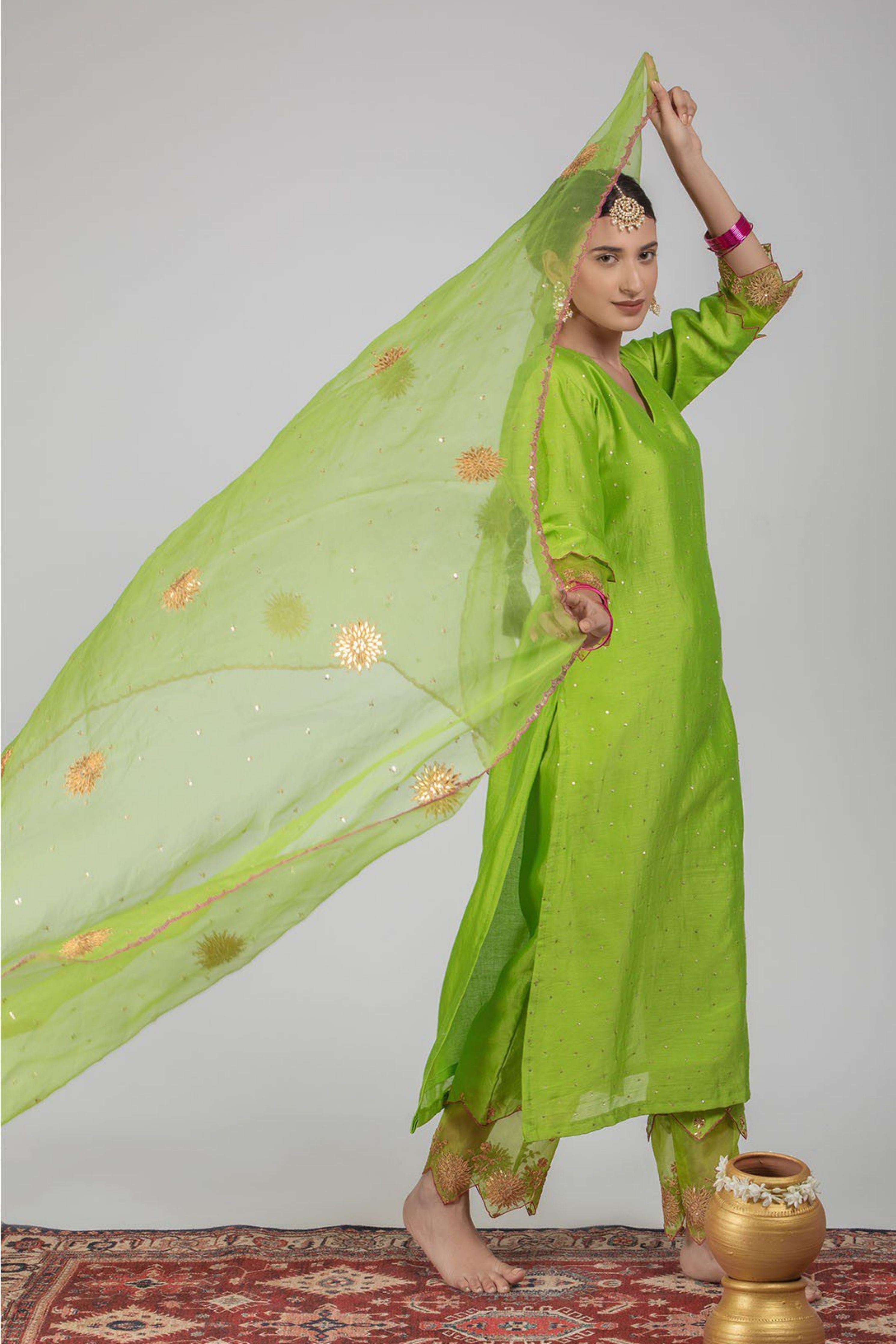 Neon Green Chanderi Silk Suit Set