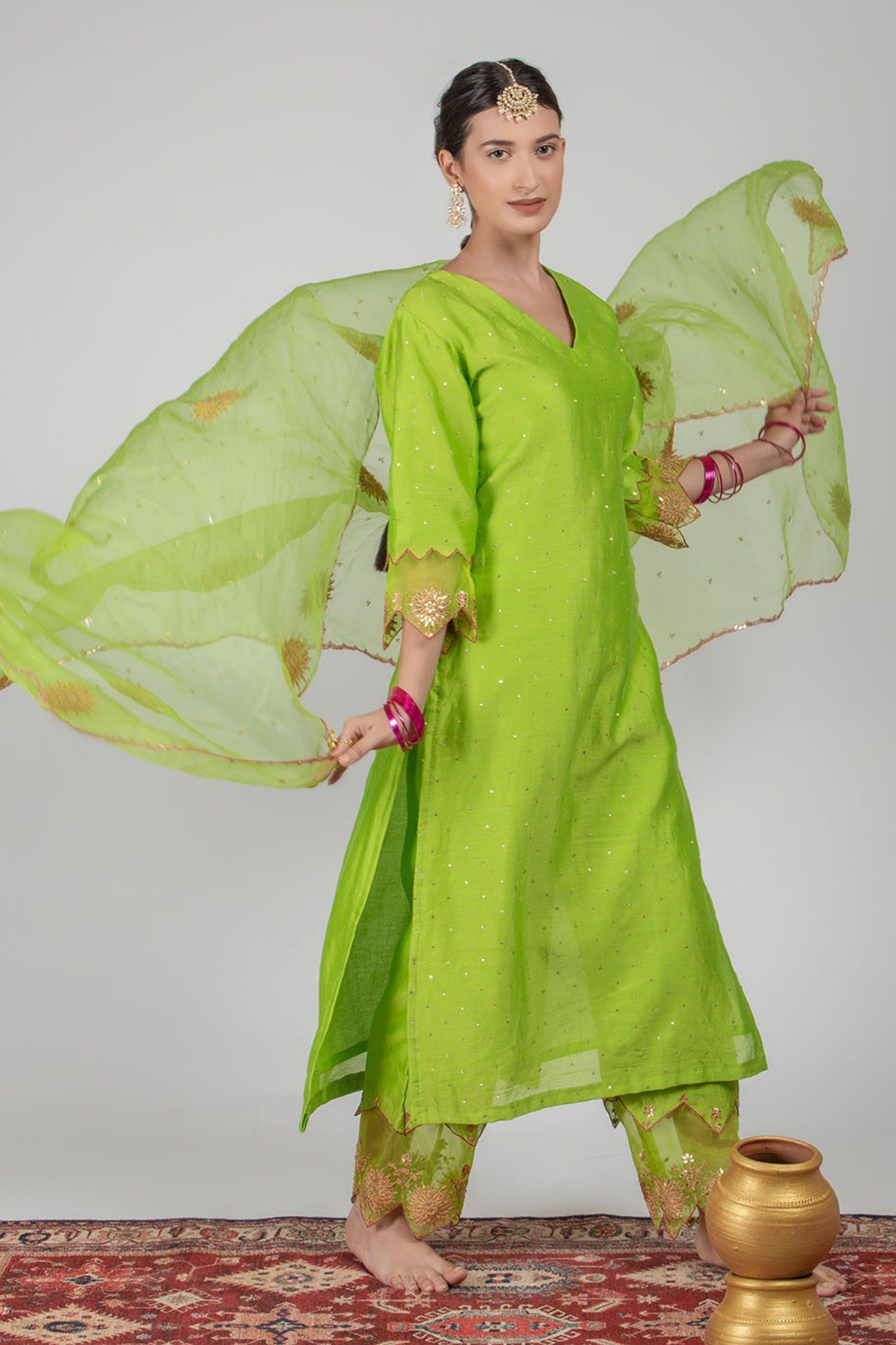Neon Green Chanderi Silk Suit Set