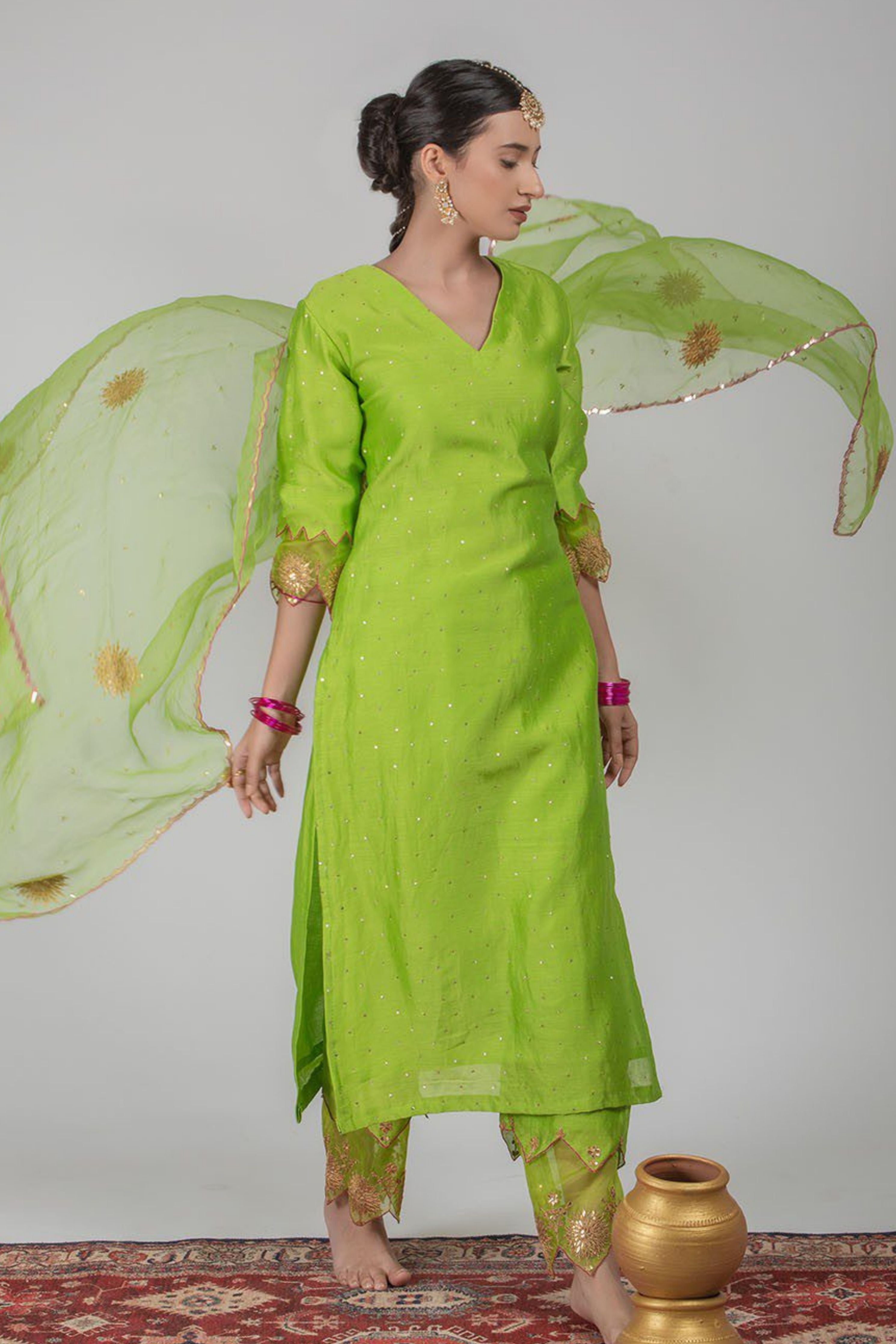 Neon Green Chanderi Silk Suit Set