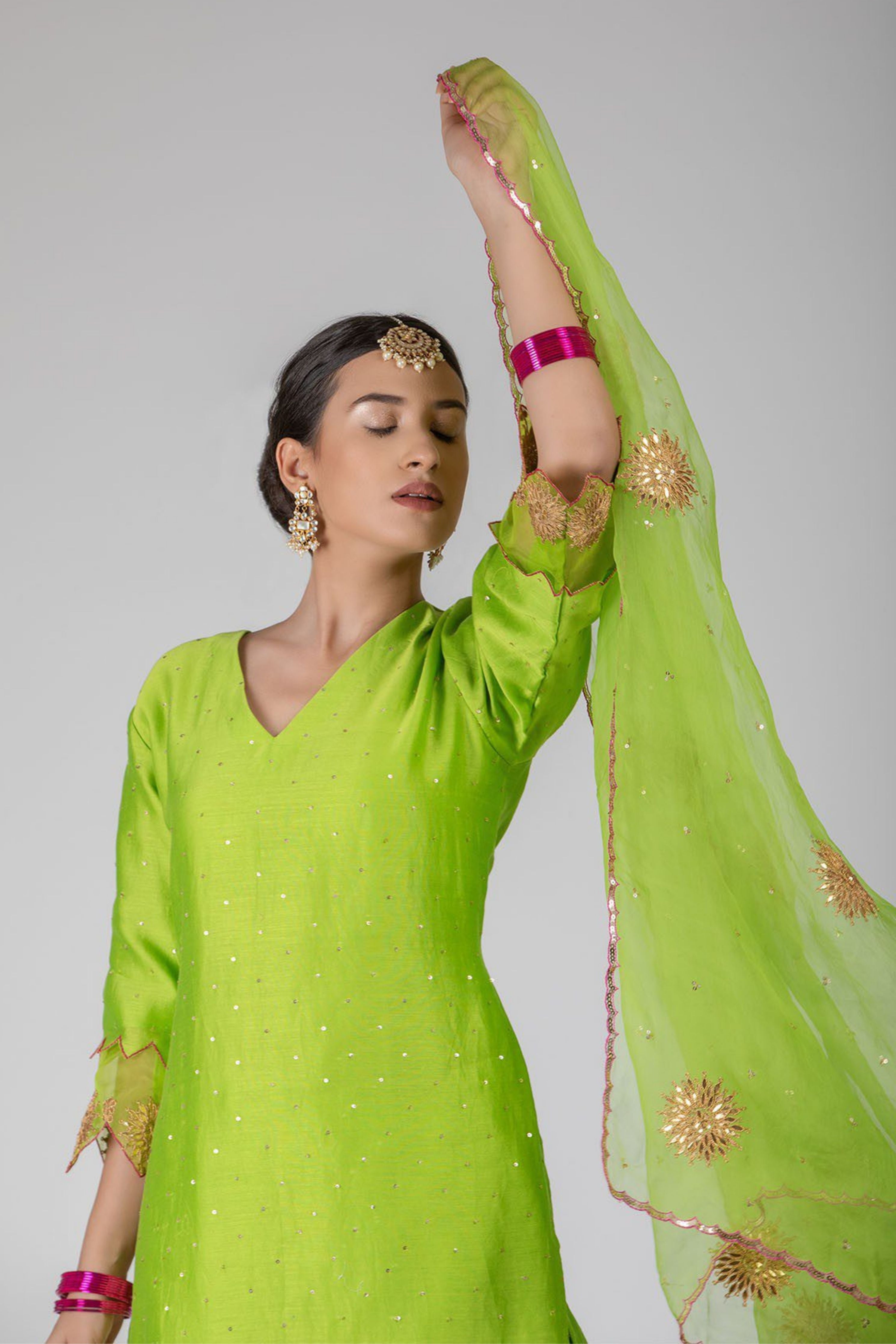 Neon Green Chanderi Silk Suit Set