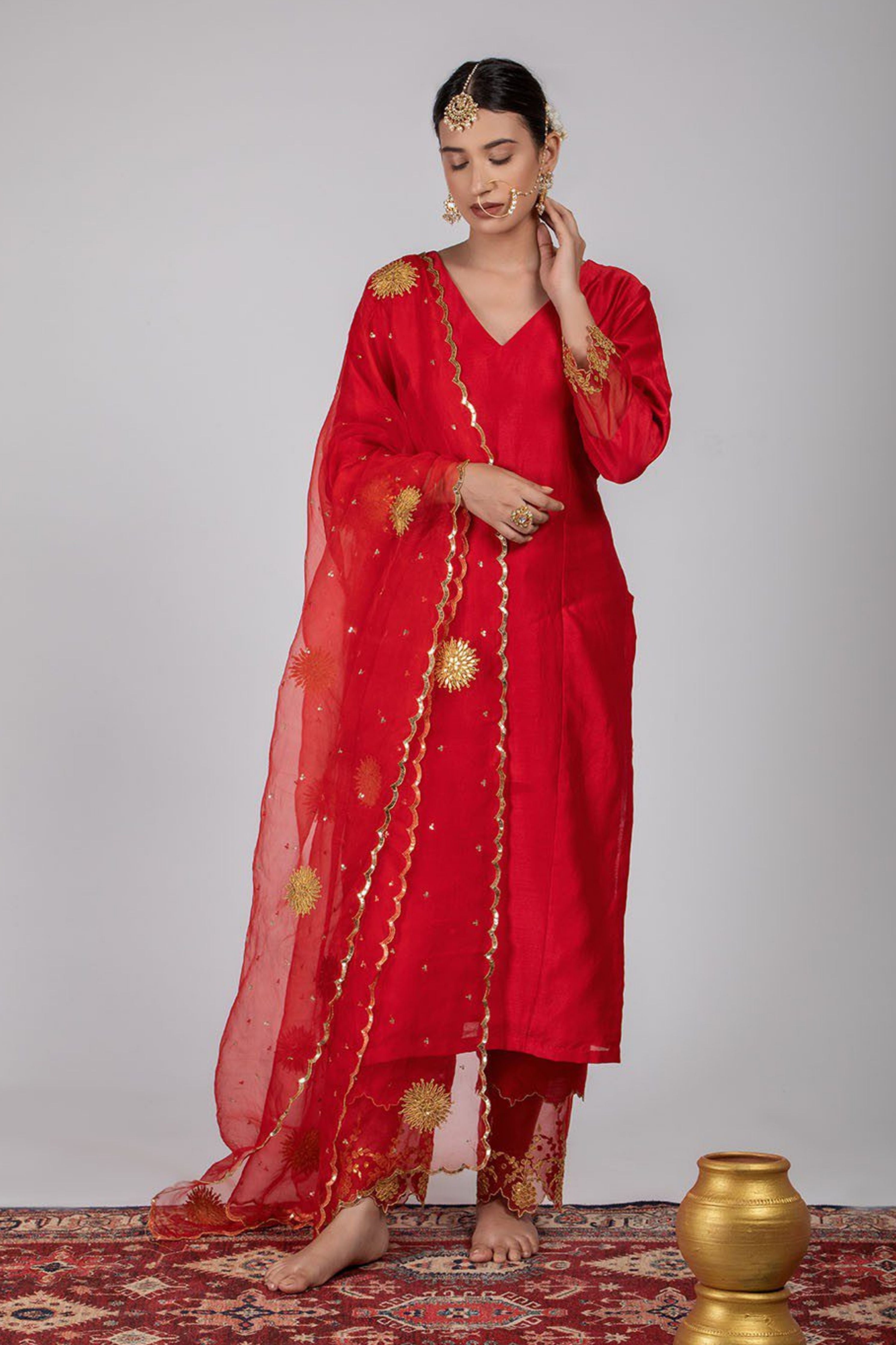 Red Chanderi Silk Suit Set