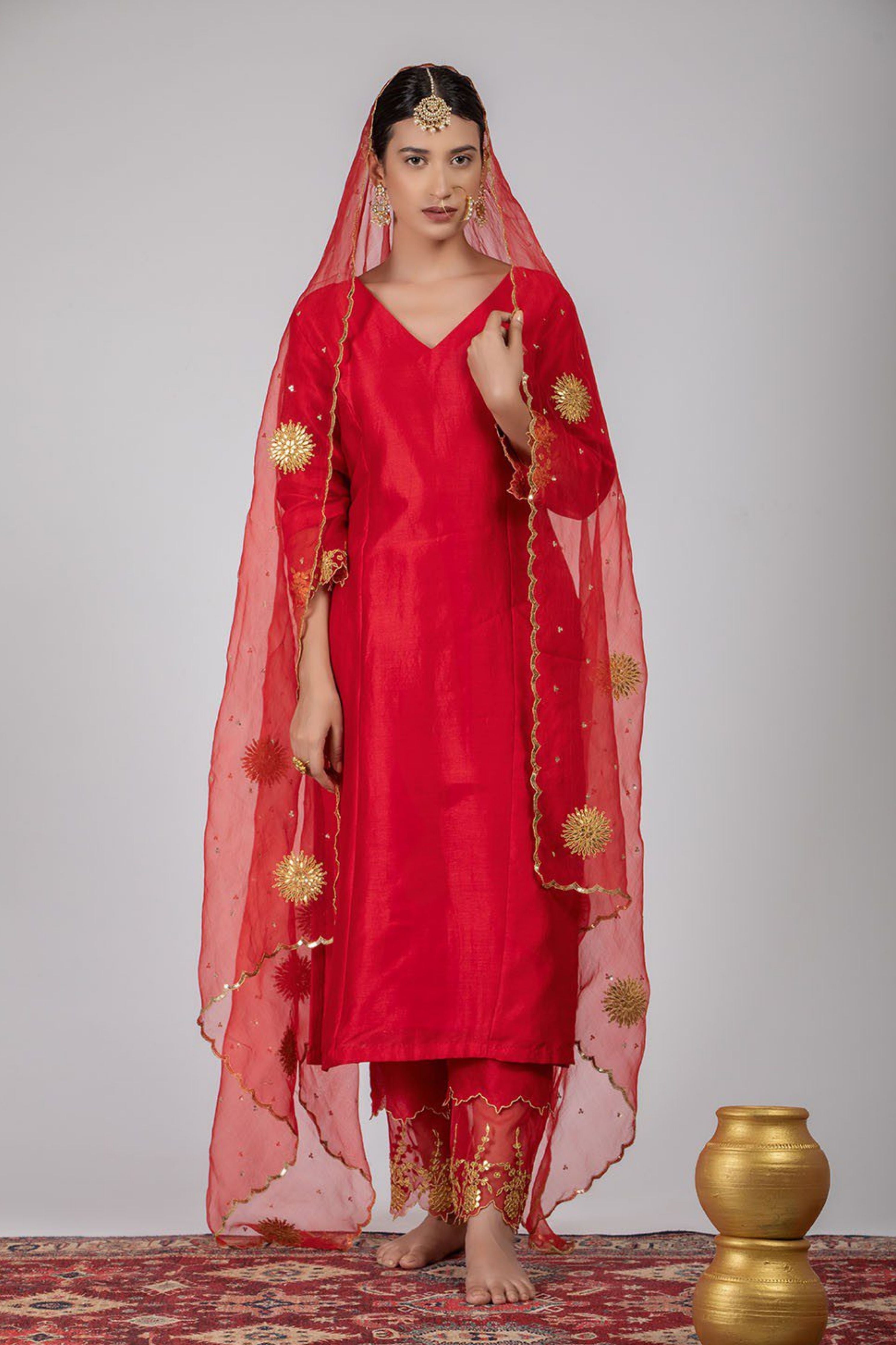 Red Chanderi Silk Suit Set