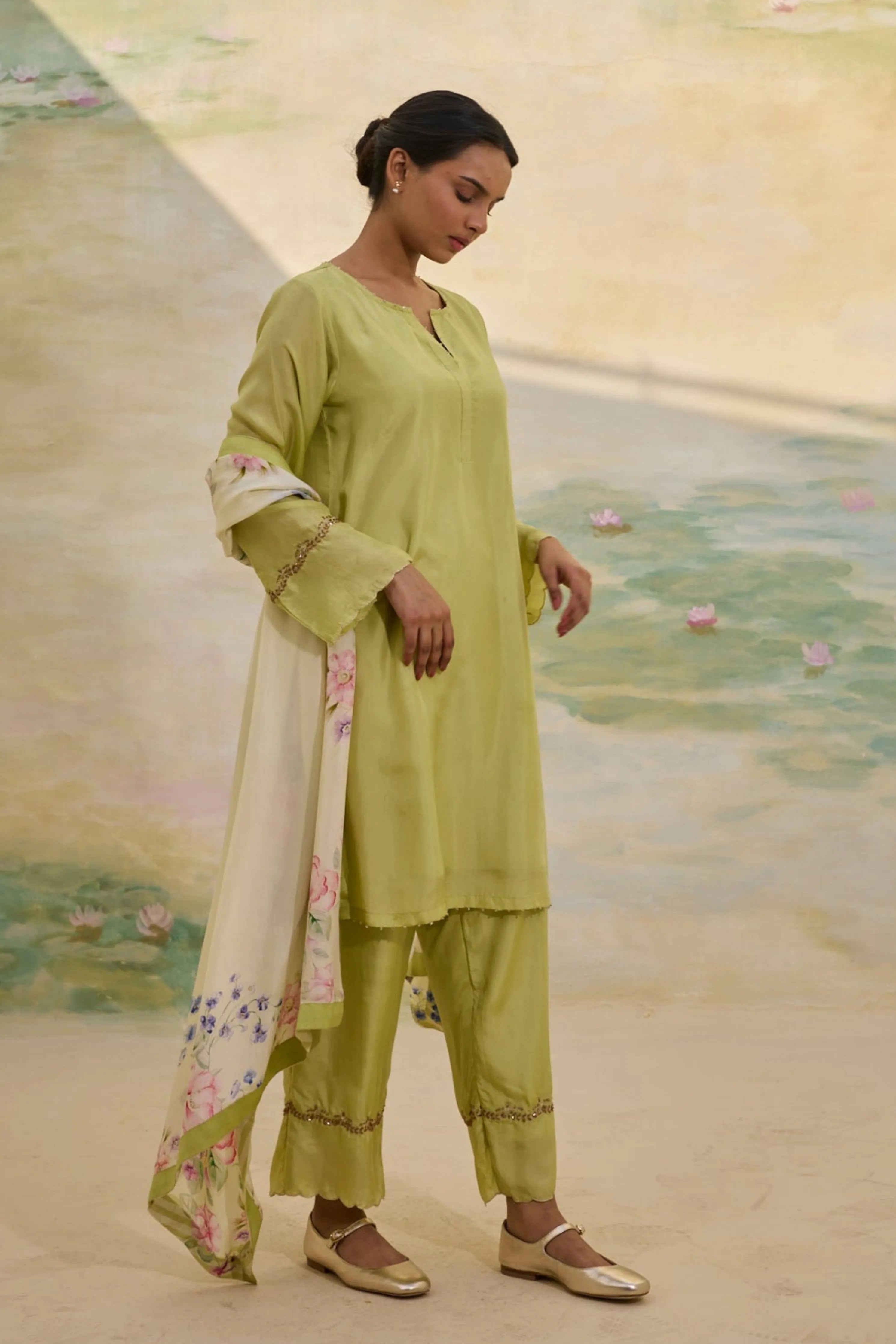 Green Short Silk Kurta Set