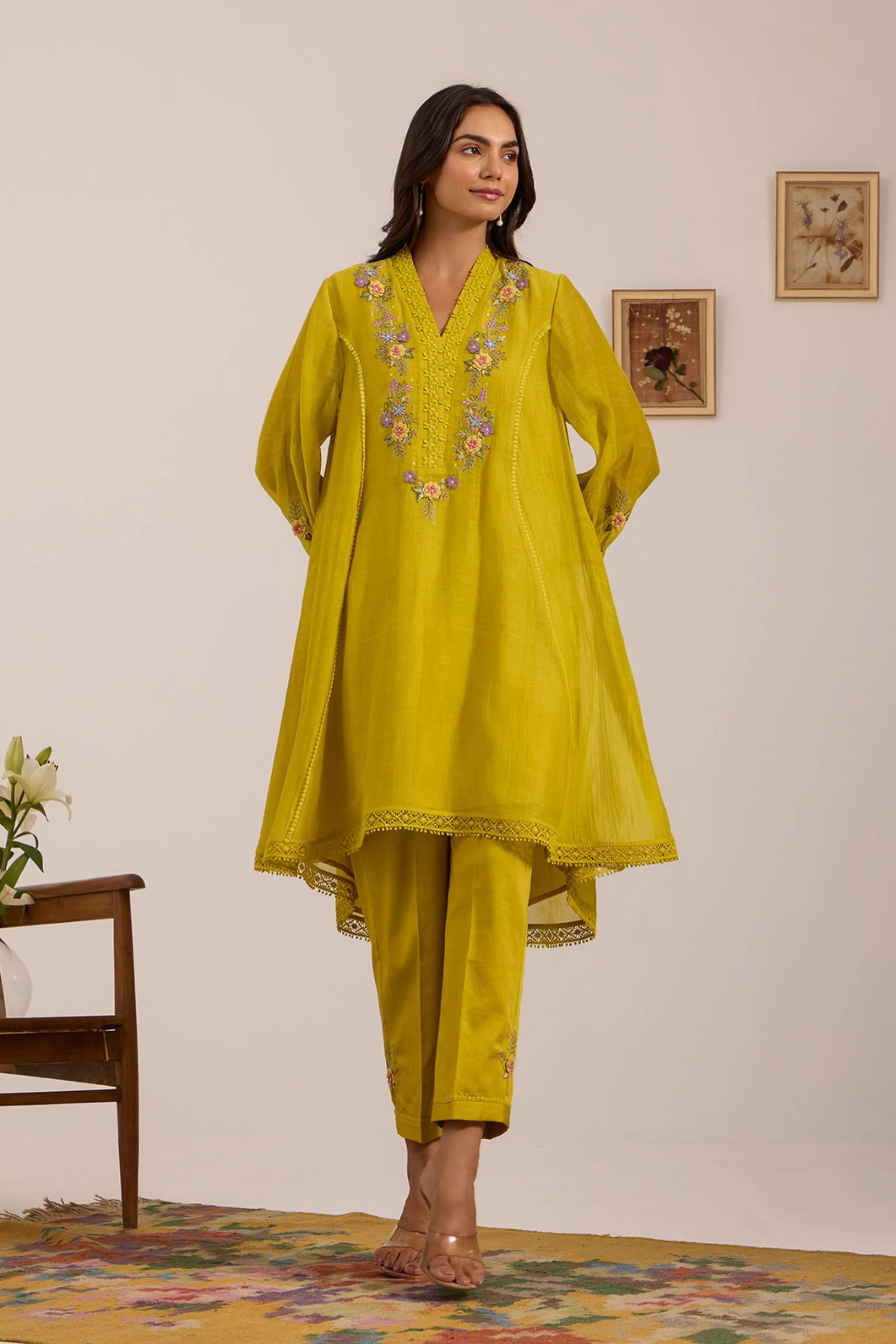 Lime Green Chanderi Tunic Set