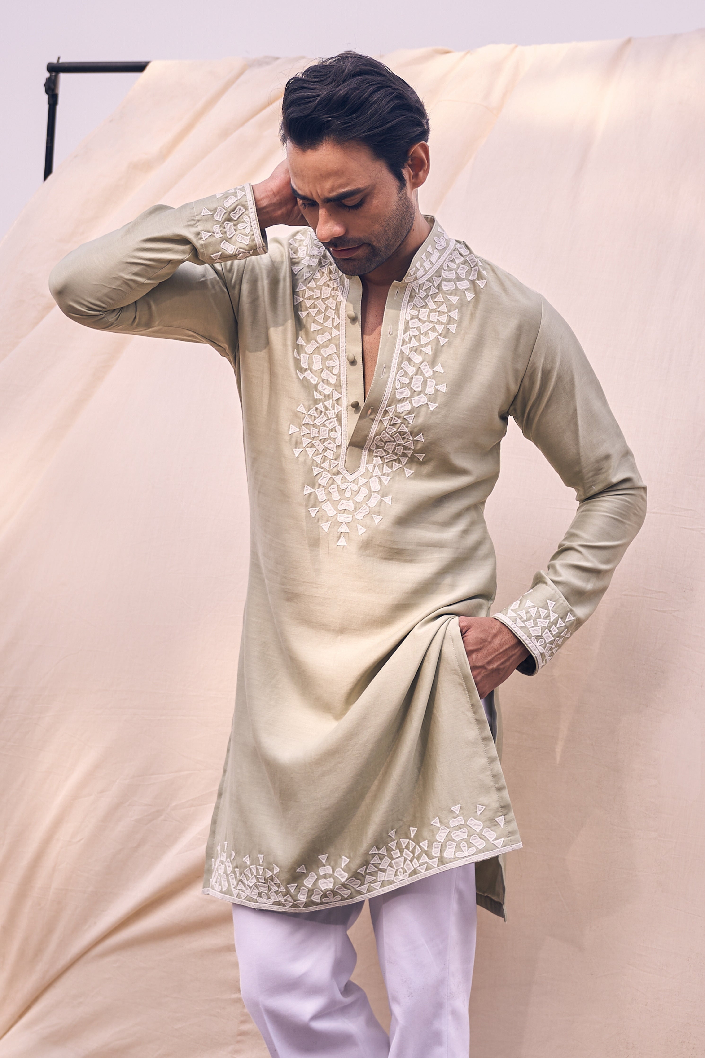 Pista Green Applique Kurta Set