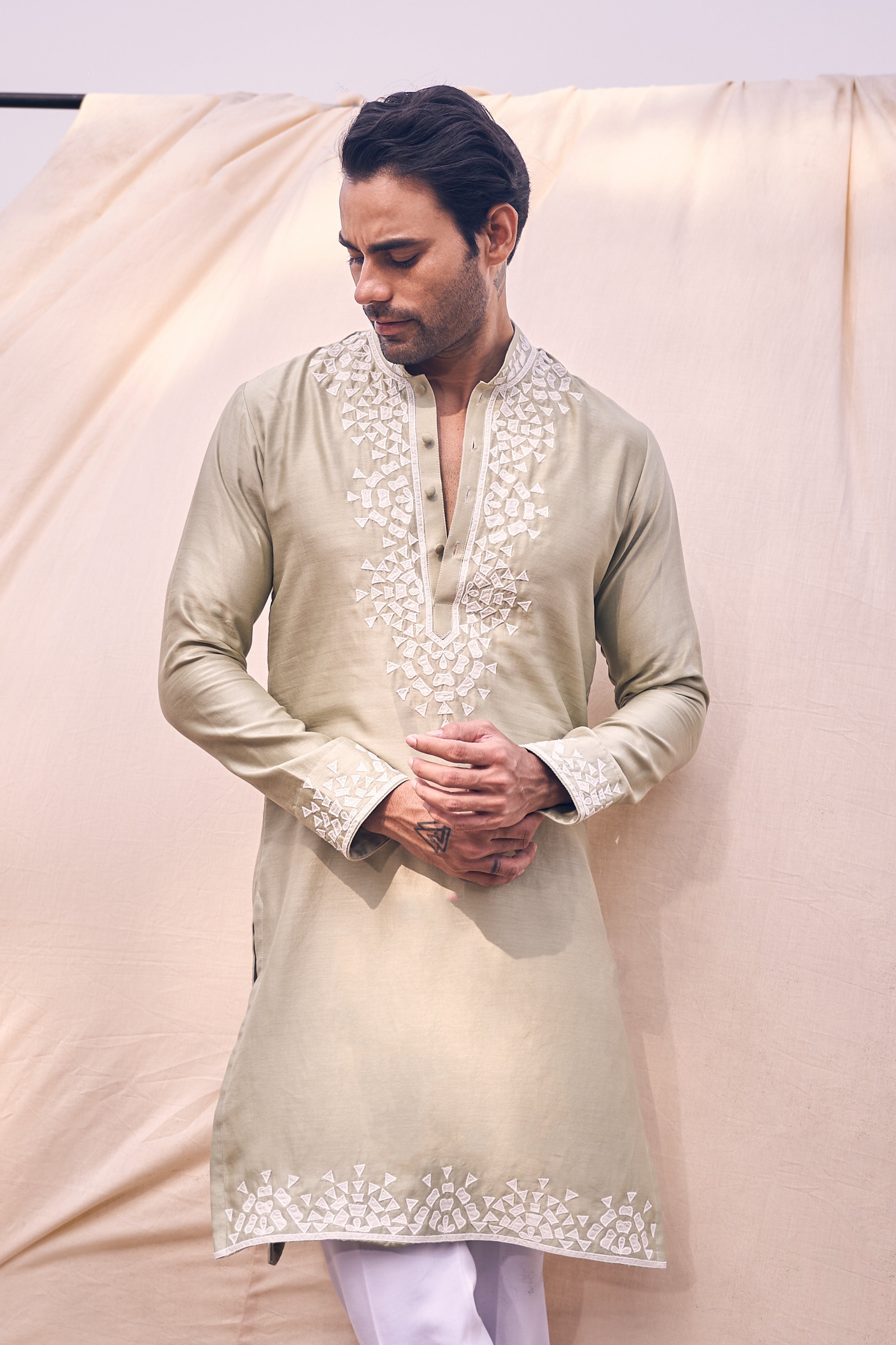 Pista Green Applique Kurta Set
